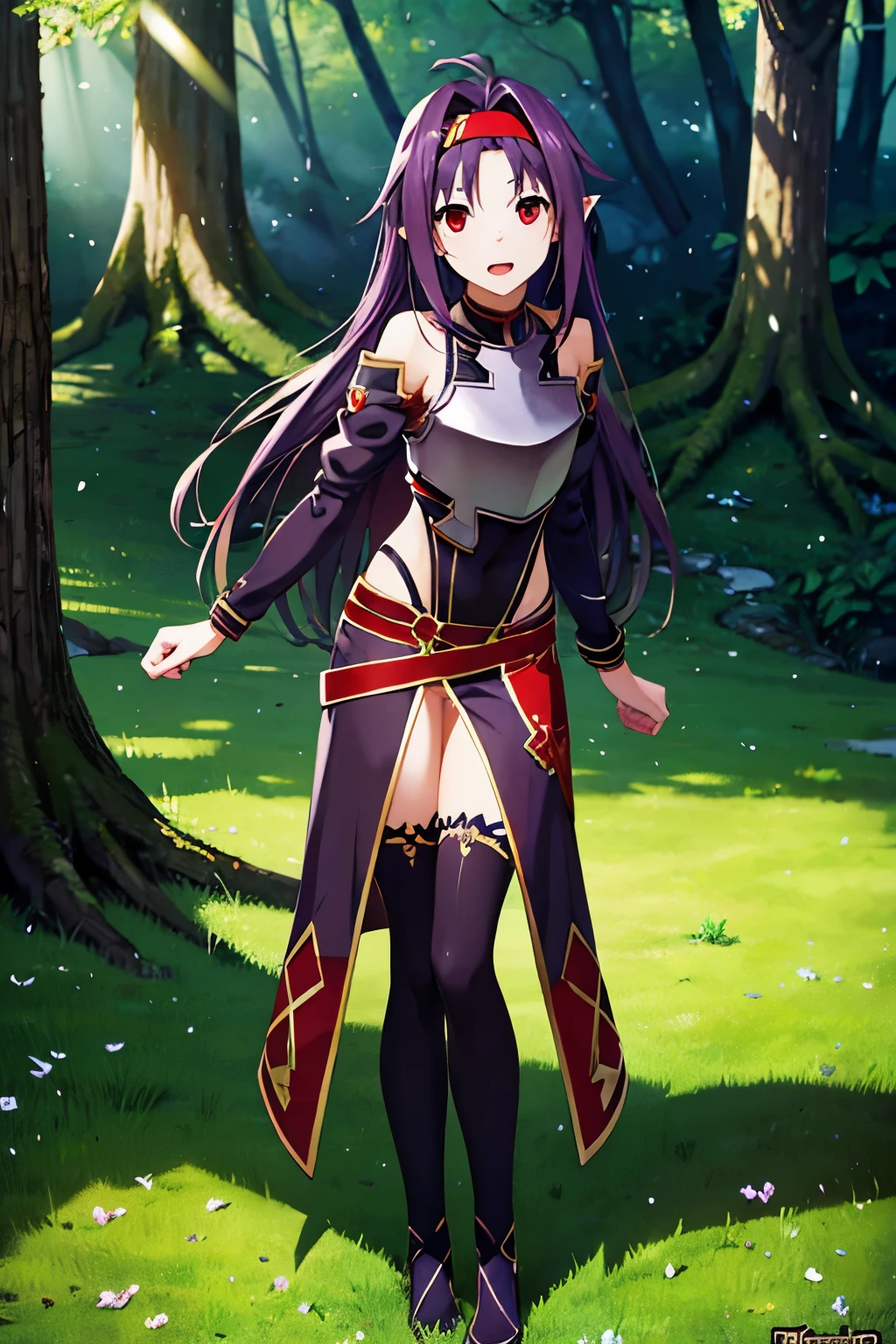 yuukikonno, yuuki konno, hairband, long hair, pointy ears, purple hair, (red eyes:1.5), (small breasts:1.2), open mouth,
BREAK black thighhighs, detached sleeves, thighhighs, dress, purple dress, armor, purple armor,
BREAK looking at viewer, upper body, full body,
BREAK outdoors, forest, nature,
BREAK (masterpiece:1.2), best quality, high resolution, unity 8k wallpaper, (illustration:0.8), (beautiful detailed eyes:1.6), extremely detailed face, perfect lighting, extremely detailed CG, (perfect hands, perfect anatomy),