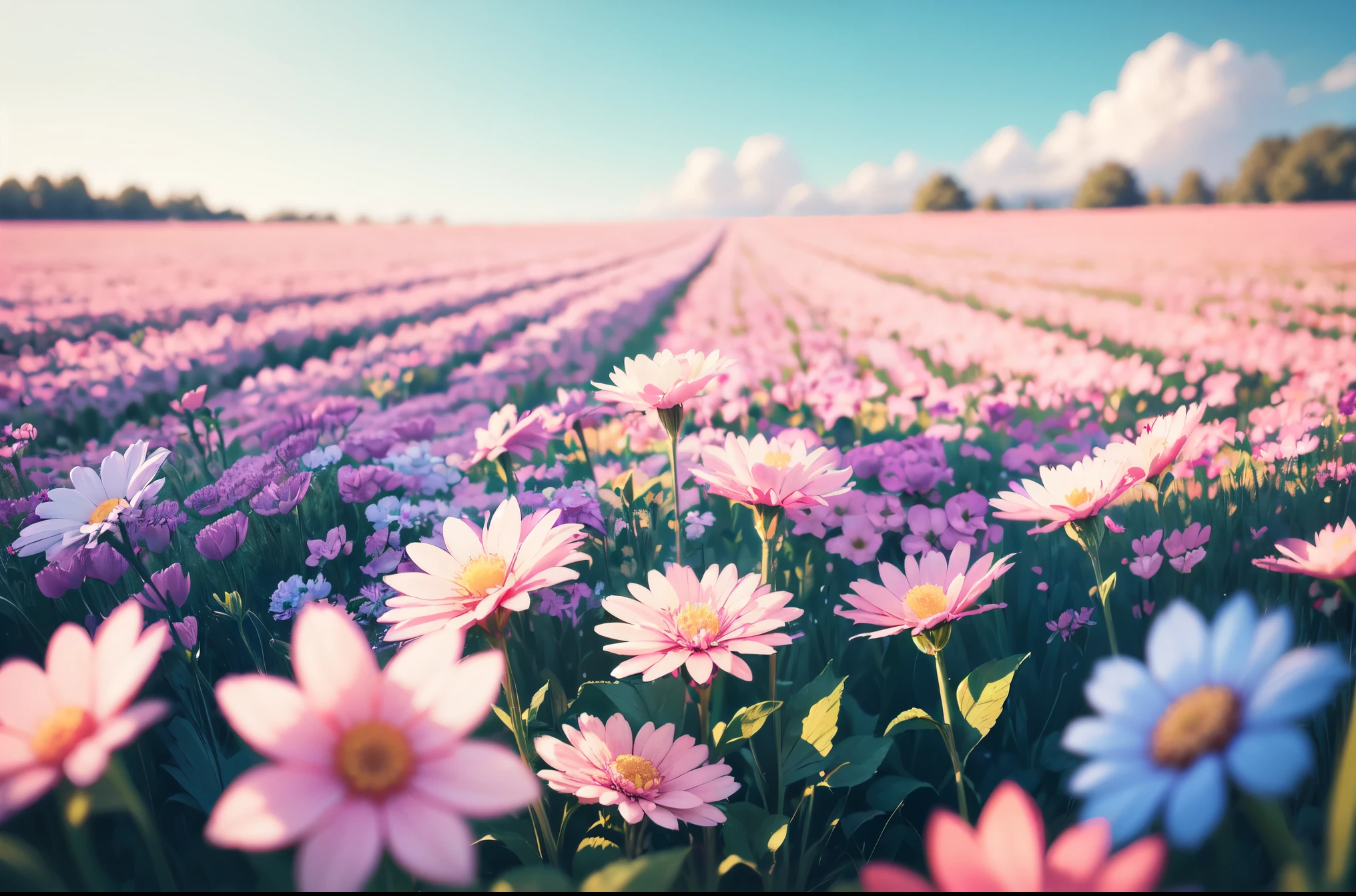 flowers in a field with a blue sky in the background, dreamy floral background, blur dreamy outdoor, blue and pink colors, soft flowers, dreamy colors, dreamy blurred lens, field of fantasy flowers, lost in a dreamy fairy landscape, field of flowers background, soft blue light, pink and blue colors, soft blue and pink tints, beatiful backgrounds  