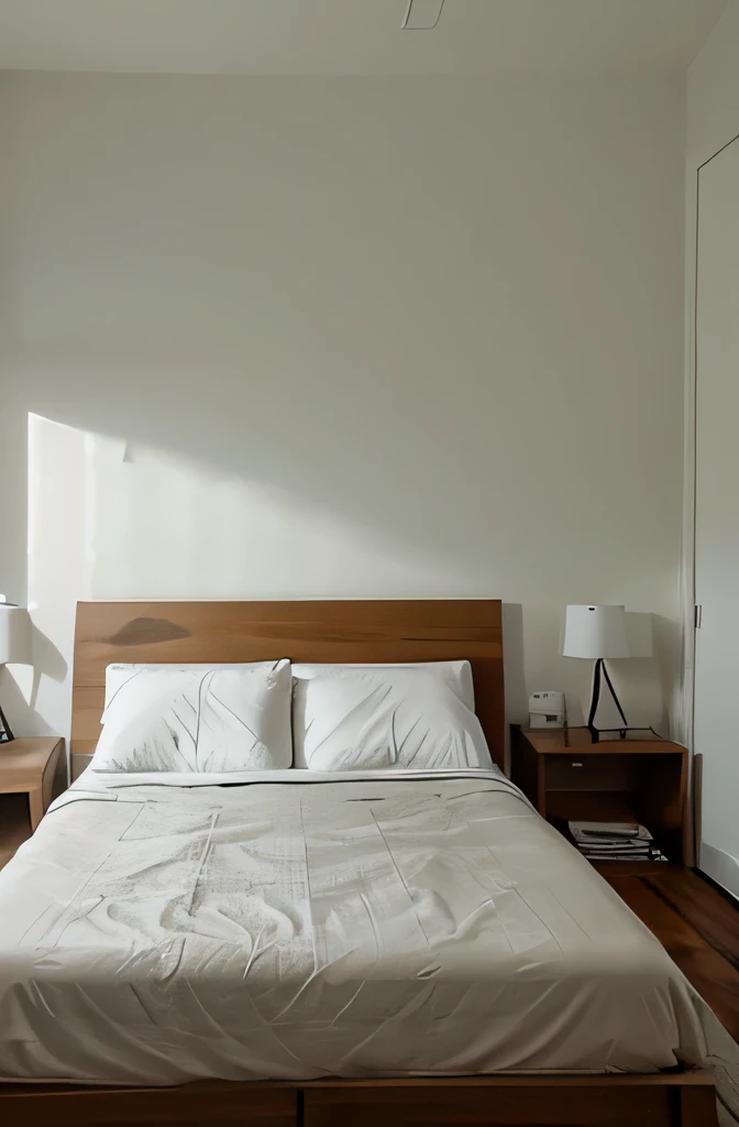 bedroom,bed,white walls,photo captured from bed front,back wall fro frsame