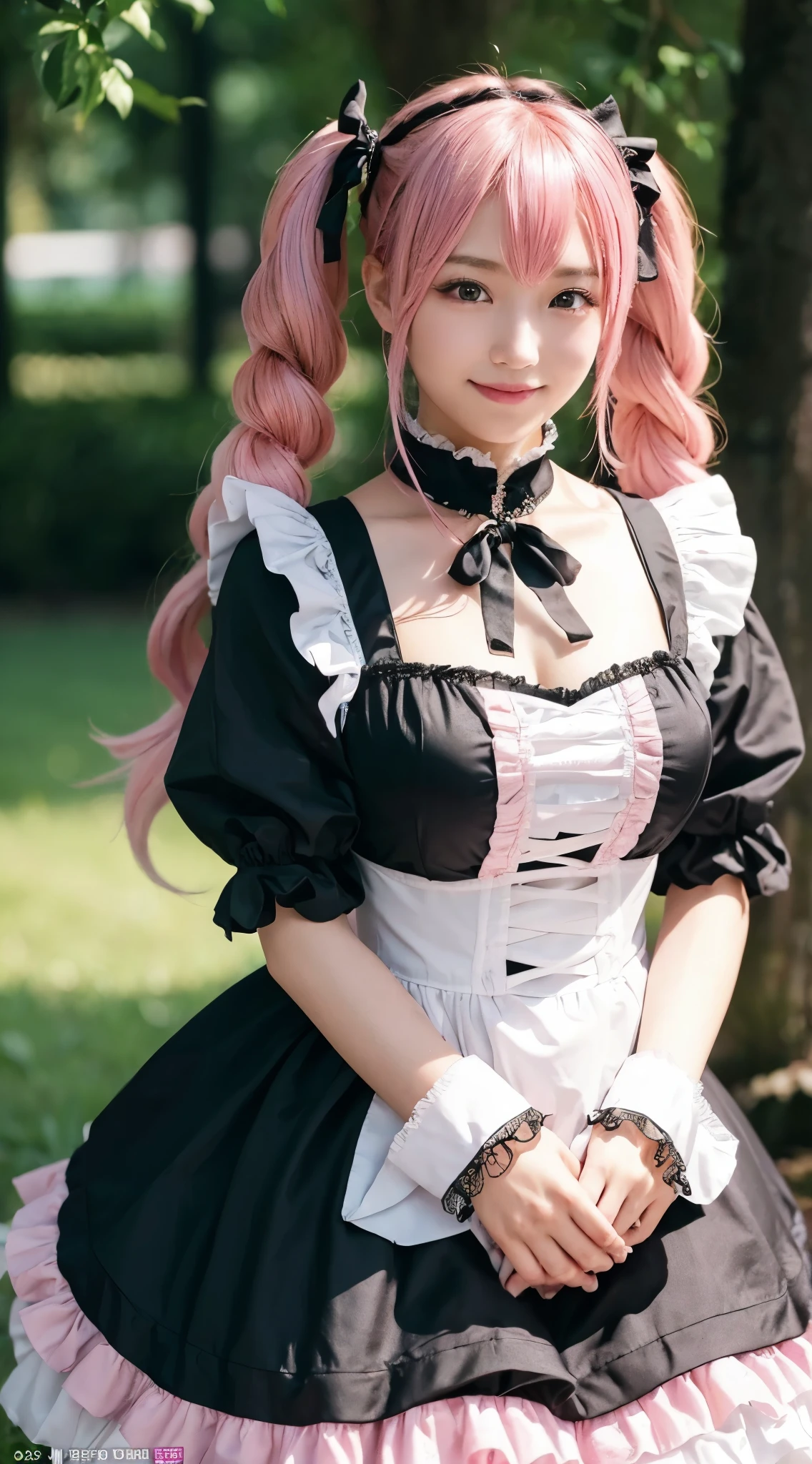 (highest quality,8K quality,masterpiece:1.3),(ultra high resolution,photorealistic:1.4,Live shooting),(Super detailed,caustics,detailed background),(ultra-realistic capture,Beautifully detailed skin,perfect anatomy),at dusk,sunset sky, ((Gothic ta, pink maid outfit, twin tail hairstyle, black eye)), ,14 ye,single eyelid,black long hair,,Looking at the camera,A sluggish smile,bust up shot,Natural light、big breasts、Pink hair fastening、