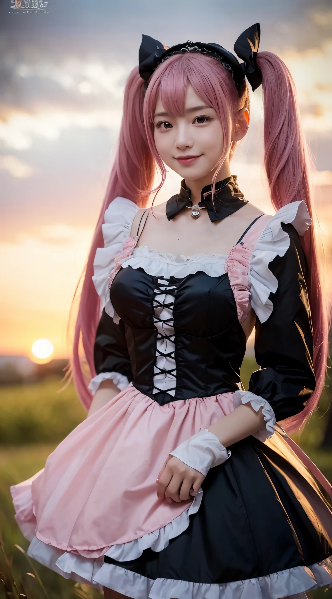 (highest quality,8K quality,masterpiece:1.3),(ultra high resolution,photorealistic:1.4,Live shooting),(Super detailed,caustics,detailed background),(ultra-realistic capture,Beautifully detailed skin,perfect anatomy),at dusk,sunset sky, ((Gothic Lolita, pink maid outfit, twin tail hairstyle, black eye)), ,,cute,single eyelid,black long hair,,Looking at the camera,A sluggish smile,bust up shot,Natural light、big breasts、Pink hair fastening、