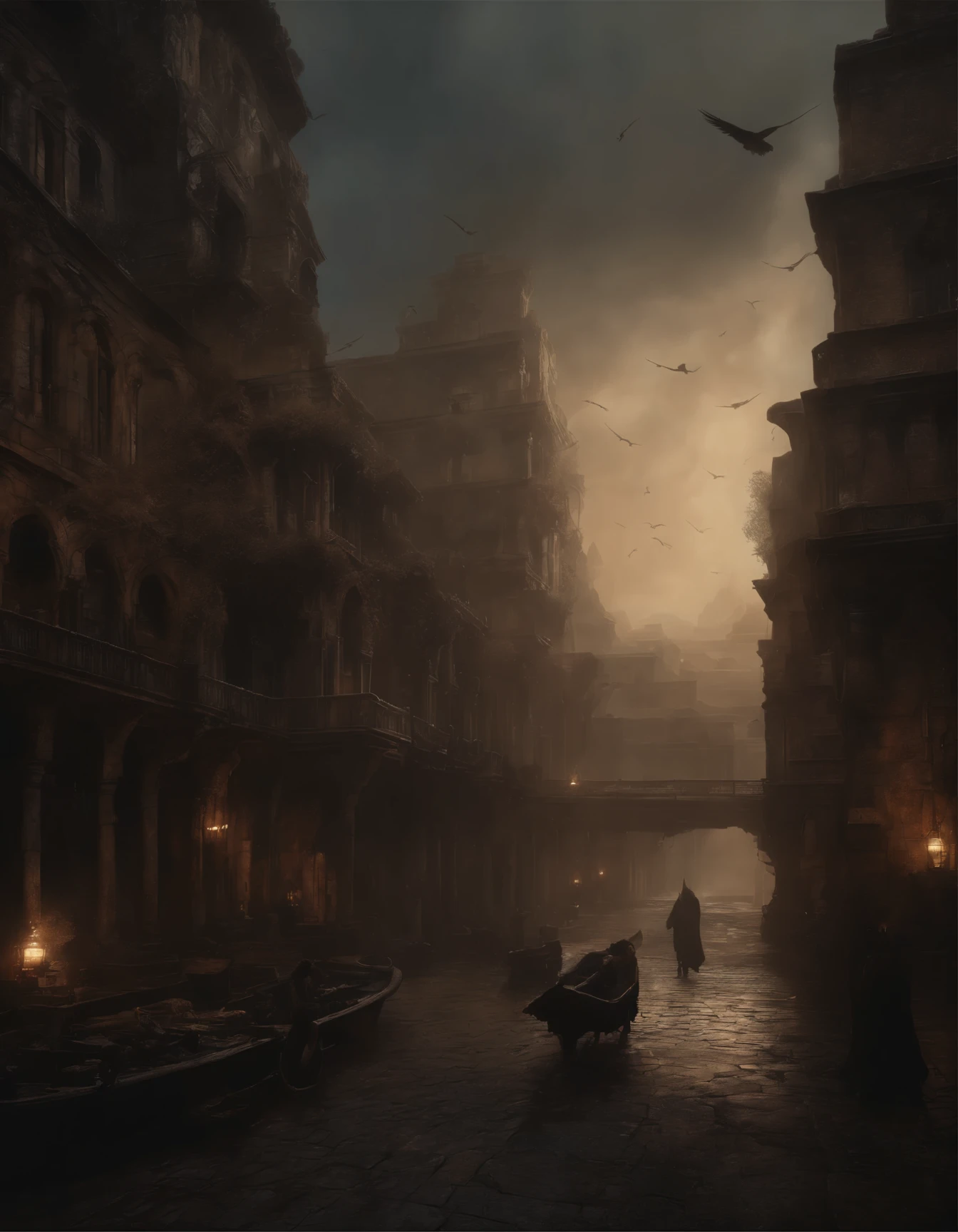 high quality, 8K Ultra HD, This artwork envisions a metropolis where elements of Royo's dark fantasy and Beksiński's nightmarish surrealism converge, Escher's influence is subtly incorporated, transforming the city into an intricate, mind-bending spectacle, Stark contrasts between light and dark enhance the dreamlike quality of the scene, creating an unsettling yet captivating urban dreamscape, photorealistic, ultra realistic, by yukisakura, awesome full color,