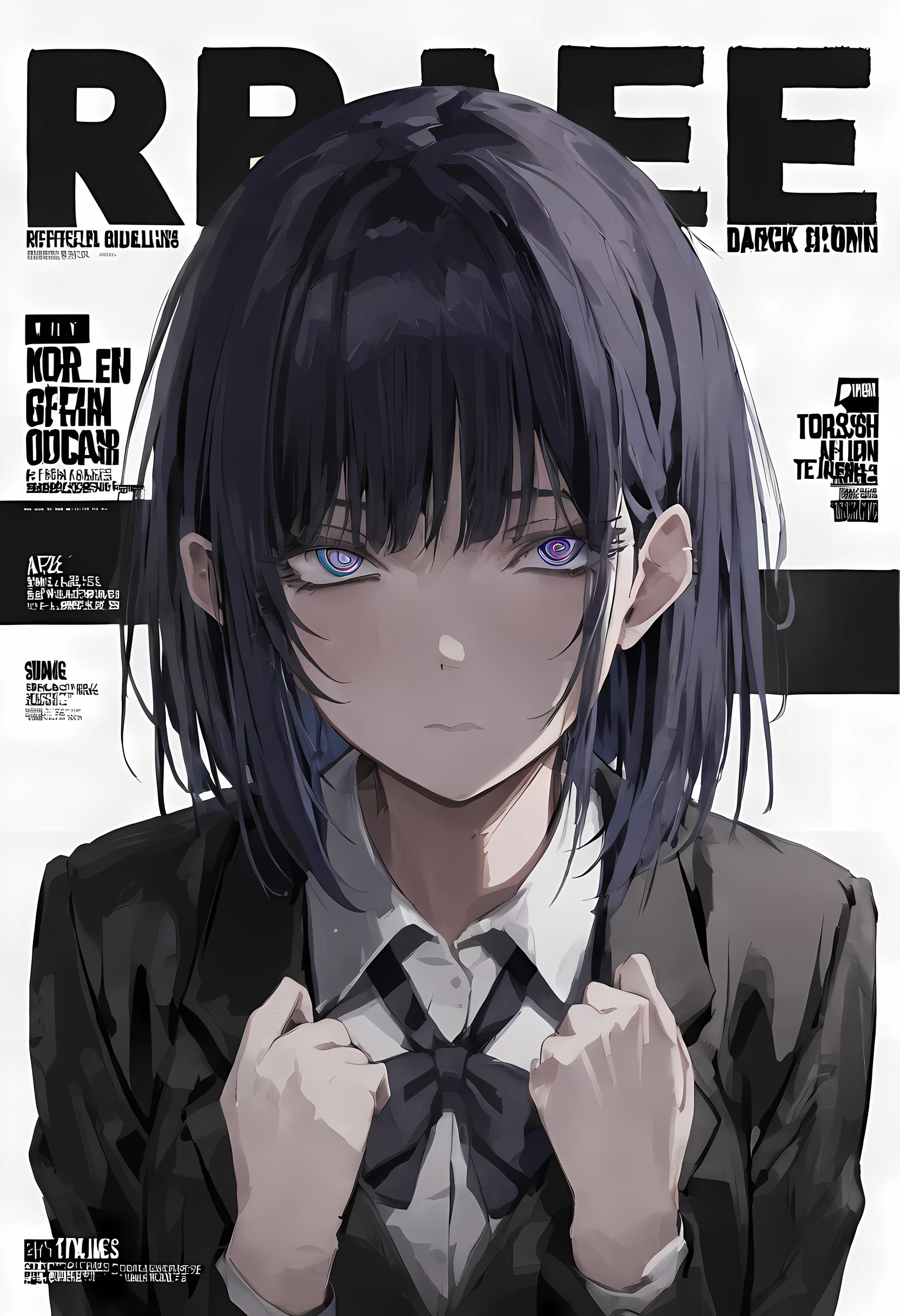 masterpiece, best quality, reze, detailed eyes, perfect hands, (magazine cover, bold letters, striking bold font, comic cover), wearing black backpack, speedlines:1, cool expression, medium shot, 1girl, solo, negative space, ((simple white background, white background)), wearing black backpack, a girl in a school uniform, half closed eyes, detailed eyelashes, sharp eyes, dark royal blue hair, medium length hair, hair behind ear, side bangs, (black blazer, black pleated skirt, black tights), simple, facing viewer, manga illustration-style, bangs, 18 years old, rating: questionable, wearing black backpack, black straps:1, black blazer:1, long-sleeved blazer,
