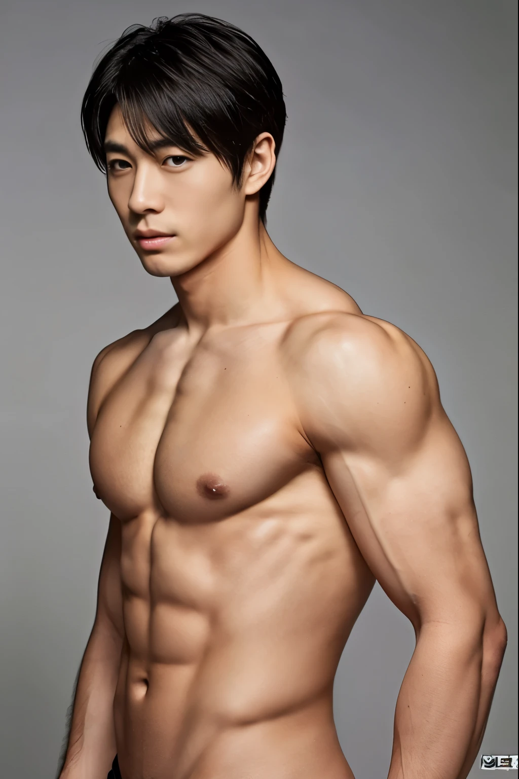 handsome Japanese guy, well-muscled, Upper body naked, wearing nothing, completely naked, 4K, hight resolution, smooth skin, finely detailed skin, TA-Q-BIN, bulge