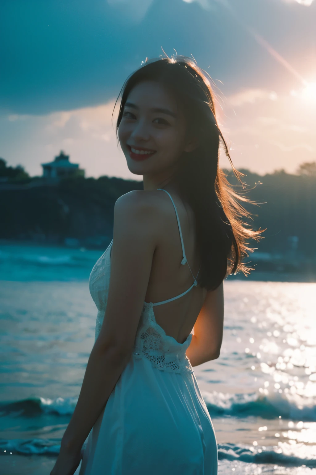 Best Quality,Masterpiece,Ultra High Resolution,(Realisticity:1.4),Original Photo,Cinematic Lighting,
1Girl,smile,backlighting,ocean,