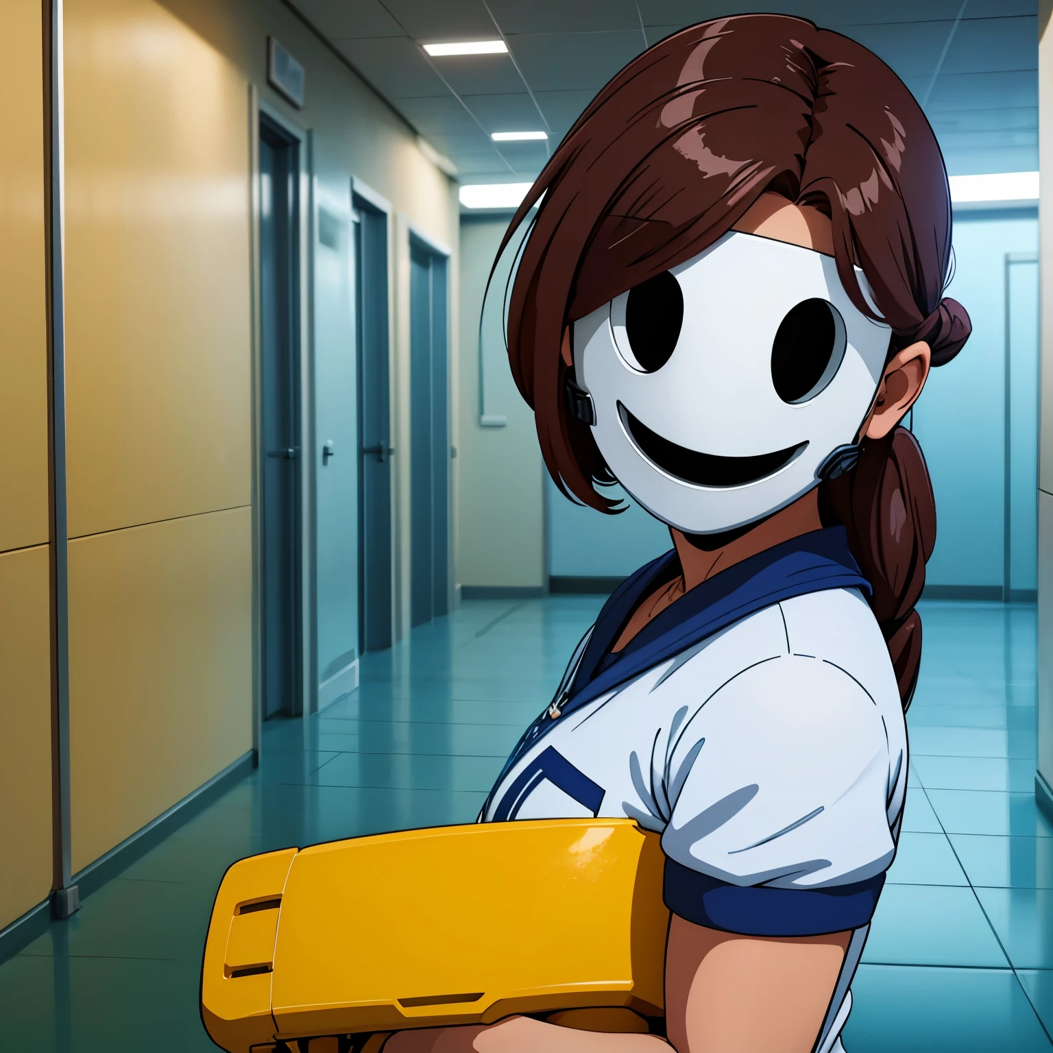 Obra maestra, la mejor calidad, Anime illustration of a girl who wears a  uniform has a hockey mask that covers her face and is in the hallway of a school holding a chainsaw 