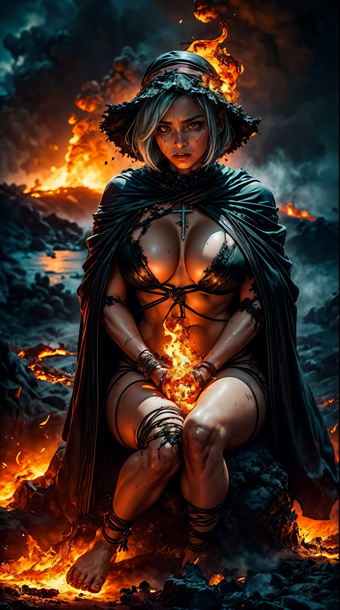 Tia is shown to have a fairly slender figure. She has white-grey hair , she has short hair and large pale green eyes, A girl wearing a black cloak of burning magma, an old torn one with a headdress inside the lava, sitting in a cross-legged position, her hands and feet tied to fiery safety made of lava. It's very hot, flames are everywhere. The flames are burning her body and clothes, lava flow. Lava is flowing on her body and clothes, the girl is tied up.  She was bound in chains, sweat evaporating on her body, a girl looking strong and brave, a dark background full of flowing lava and flames consuming everything., cleavage exposed, medium breasts, superior quality, many details, Puri focus  Sharp and realistic