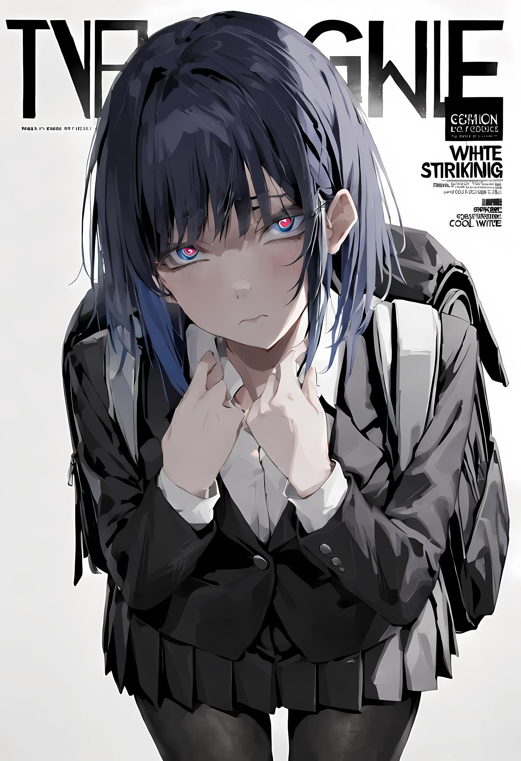 masterpiece, best quality, reze, detailed eyes, perfect hands, (magazine cover, bold letters, striking bold font, comic cover), wearing black backpack, speedlines:1, cool expression, medium shot, 1girl, solo, negative space, ((simple white background, white background)), wearing black backpack, a girl in a school uniform, half closed eyes, detailed eyelashes, sharp eyes, dark royal blue hair, medium length hair, hair behind ear, side bangs, (black blazer, black pleated skirt, black tights), simple, facing viewer, manga illustration-style, bangs, 18 years old, rating: questionable, wearing black backpack, black straps:1, black blazer:1, long-sleeved blazer,