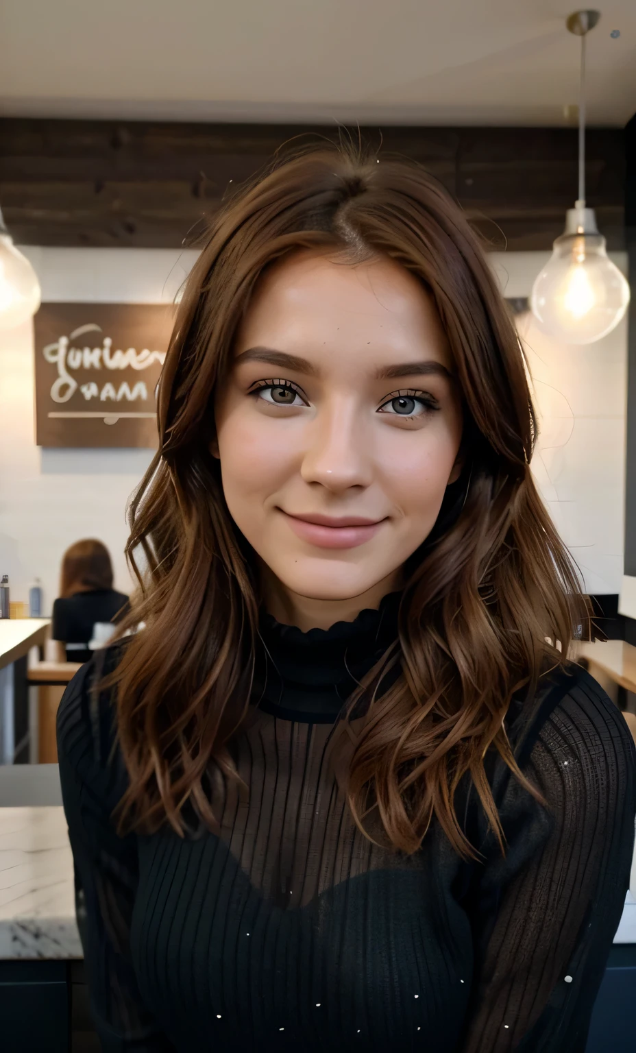 Belle Fille rousse hyper réaliste de 19 ans, très détaillé, cheveux longs ondulés et tres rouges, yeux marrons, haute résolution, , meilleure qualité, Détails complexes, très détaillé, mise au point nette,  Yeux détaillés, professionnel, 4K, sourire charmant,origine turc, photoréaliste, réaliste, Post-traitement, détails maximum, , vrai vie, ultra réaliste, photoréalisme, photographie, 8k euh, photographie,, Éclairage de studio 3 points, dans un café-starbucks type, Nuit, en mode selfie pour Instagram, habillée influenceur Snapchat photo,