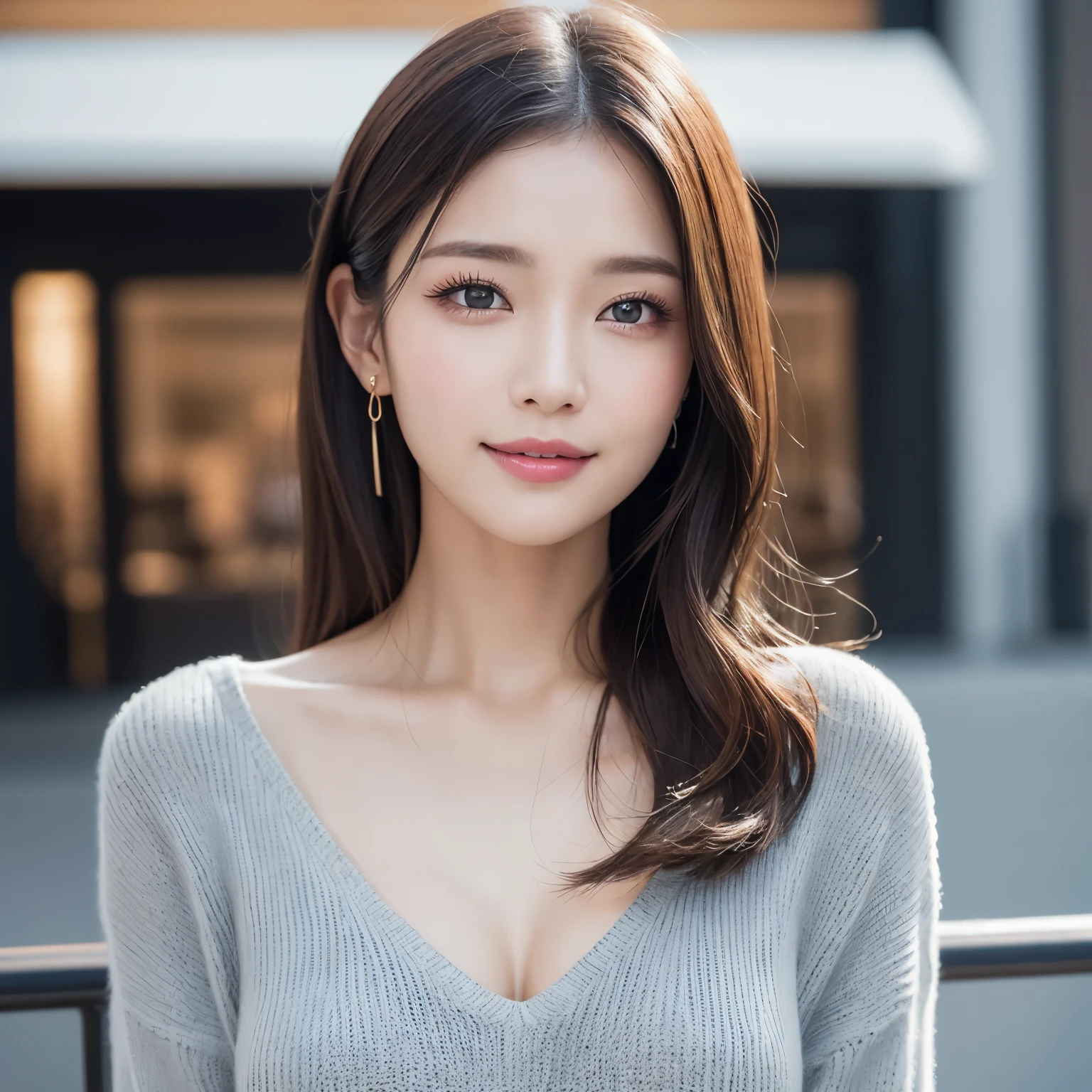 (highest quality、table top、8k、best image quality、Award-winning work)、one beautiful woman、25 years old、perfect dynamic composition、big and full breasts、[clavicle]、Tight gray V-neck knit、Perfect V-neck knit sweater、smile looking at me、Blurry urban background、standing elegantly、droopy eyes、natural makeup、Ultra high definition beautiful face、Ultra high-definition hair、Super high-definition sparkling eyes、Super high definition glossy lips、accurate anatomy