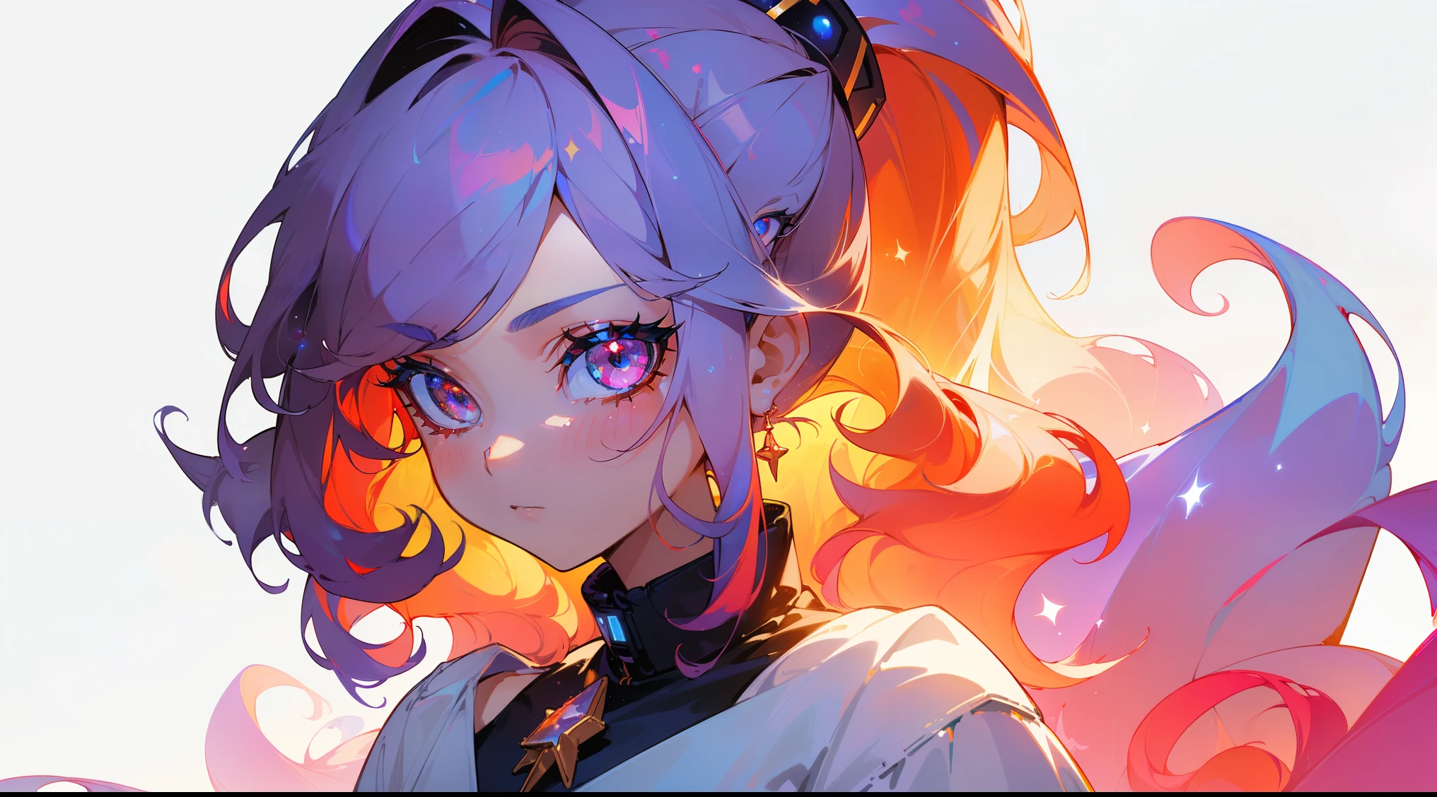 ((tmasterpiece)), (((beste-Qualit))), ((ultradetailed)), ((illustartion)),[The light effect of realism], eye shadow,(Fantasy style),(whitebackground:1.6), Simple background, illustartion, 1 girl, sly look, Majestic view (multi-colored hair, Hair gradient, Hair color from blue to peach, without bangs, curly curl on the cheek, hairstyle: high ponytail, long tail), The eyes are crimson-red, Environment change scene, (The hair is surrounded by the bursts of the galaxy),))):((Her hair becomes galactic clouds,:1.27628), The Moon in the Night, Stars, wide eyes, Lashes, side glance, Crystal hair, Glowing Hair, shirt with collar, galaxy, Complementary lighting