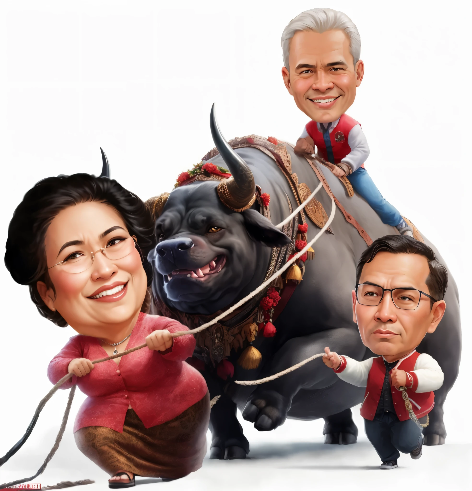 cartoon of a man and woman with a bull and a man with a dog, the spirit of the bull run, official illustration, by Eddie Mendoza, caricature, caricature illustration, fanart, barong family, triumphant, leni robredo, portrait shot, by Max Buri, by Ric Estrada, political art, by Randy Gallegos, by Pablo Carpio, portrait