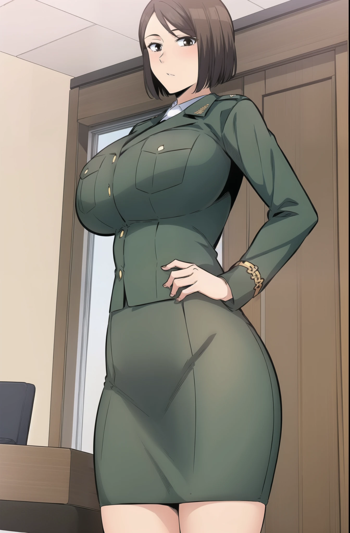 master piece, 1girl, solo, pencil skirt,, green skirt, LOOKING AT VIEWER, WIDE HIPS, huge , brown hair, long sleeves, , brown eyes, standing, jacket, cowboy shot, pants, indoors, uniform, military, window, military uniform, pocket, SHORT HAIR, BROWN HAIR, GREY EYES, tight clothes, clock, breast
