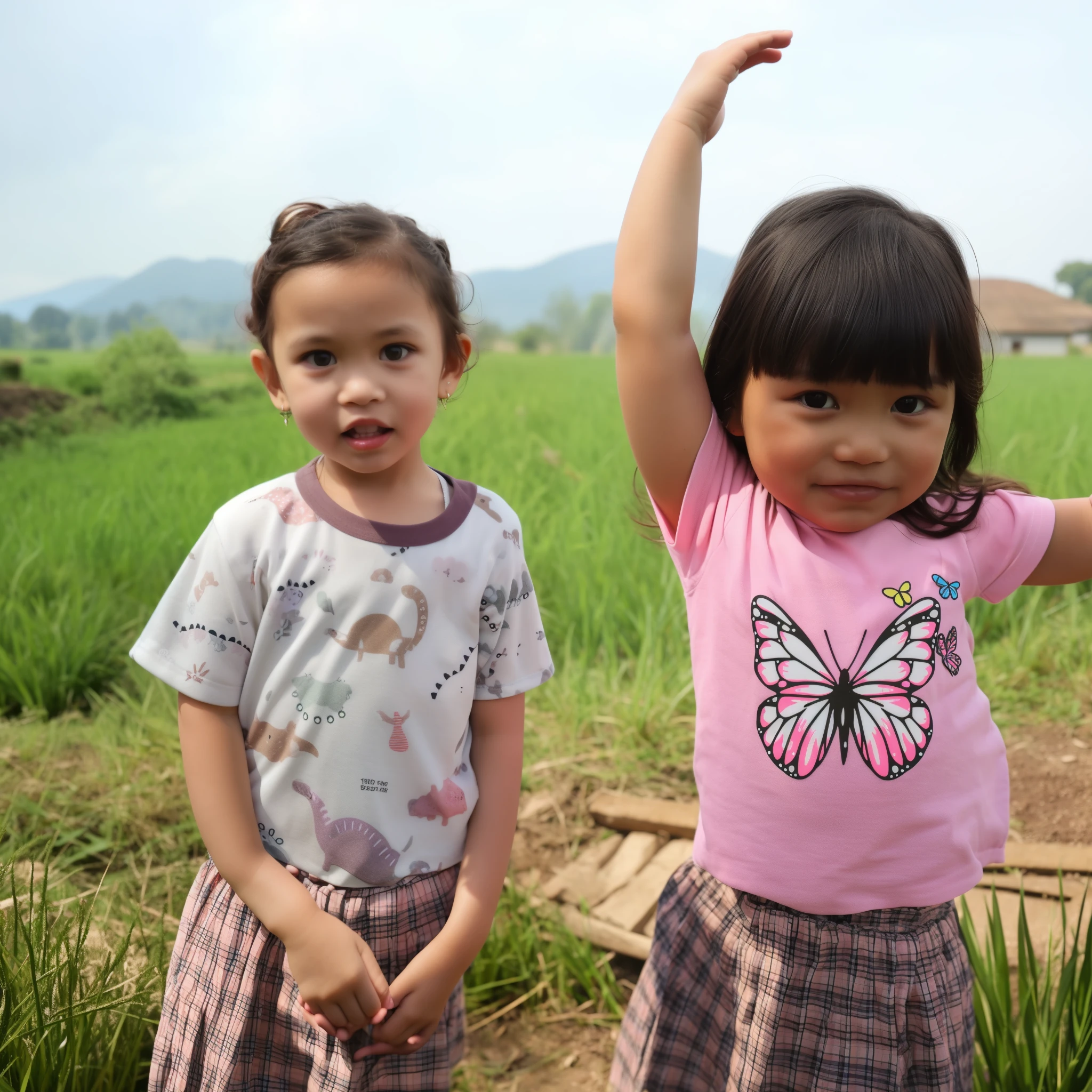 there are two girls standing in a field with their arms in the air, children, waving at the camera, kid, kids, kids playing, toward to the camera, 2 years rait image, shot on nikon d 3 2 0 0, raising an arm, photo taken with nikon d 7 5 0, photo taken with nikon d750, two girls