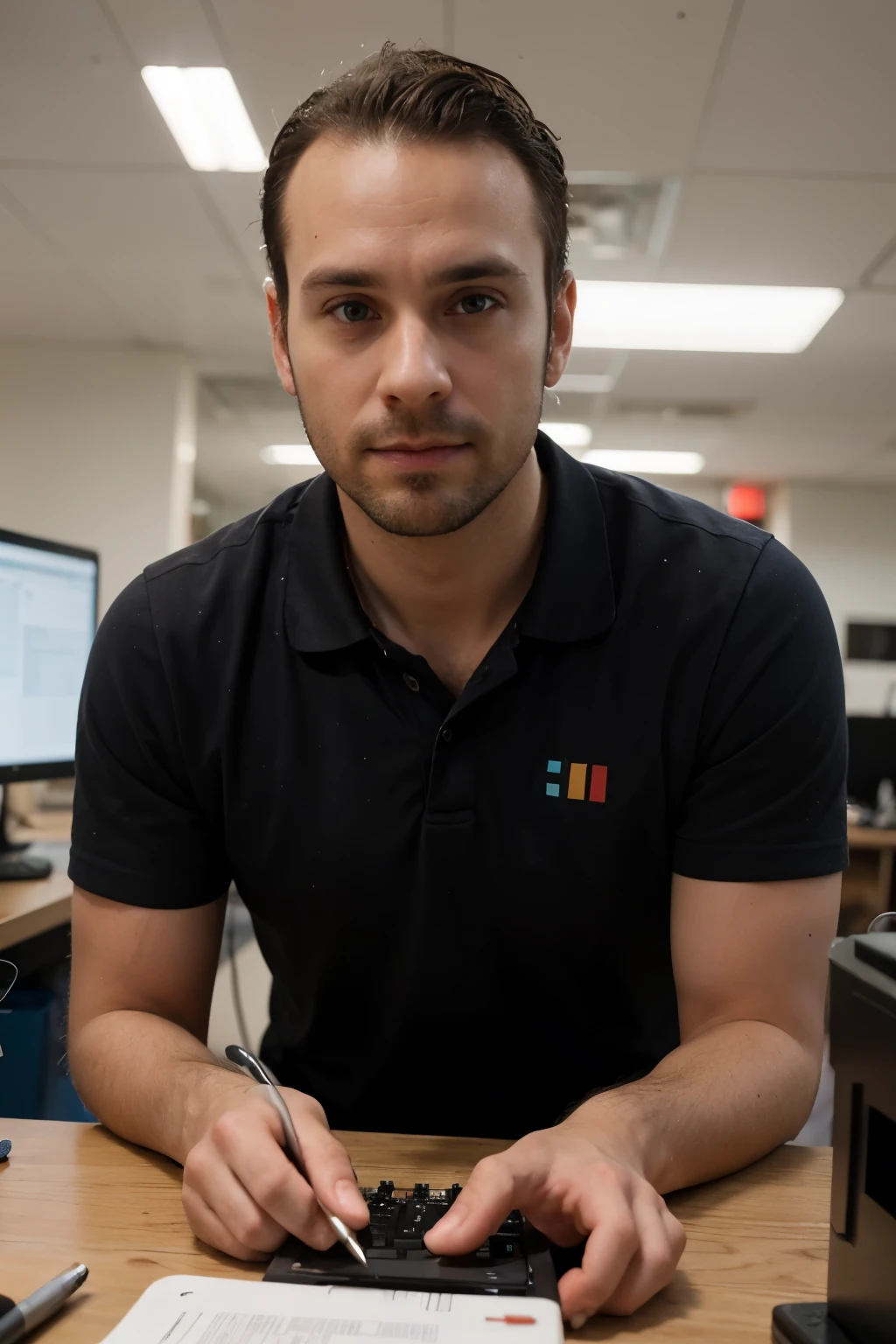 realistic image of a 32-year-old male professional with receding hairline, wearing the uniform of an IT company. He should be depicted fixing a computer, holding a toolkit for an IT technician. The scene should be portrayed in a photorealistic style, emphasizing details such as facial expressions, technological equipment, and the IT professional's work environment."




