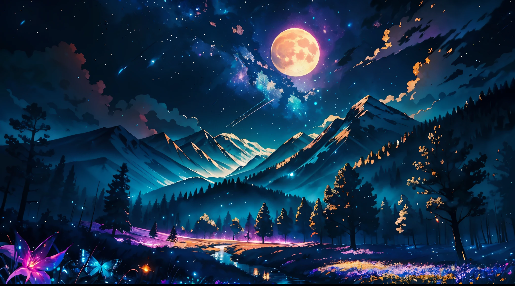 Expansive landscape photograph, (view from below with a view of the sky and the wilderness below),  standing in a flower field looking up, (full moon: 1.2), (shooting star: 0.9), (nebula: 1.3), distant mountain, tree break production art, (warm light source: 1.2), (firefly: 1.2), lamp, purple and orange, intricate detail, volume lighting BREAK (masterpiece: 1.2), (highest quality ), 4k, ultra-detailed, (dynamic configuration: 1.4), highly detailed and colorful details (iridescent: 1.2), (sparkling lighting, atmospheric lighting), dreamy, magical, (solo: 1.2)