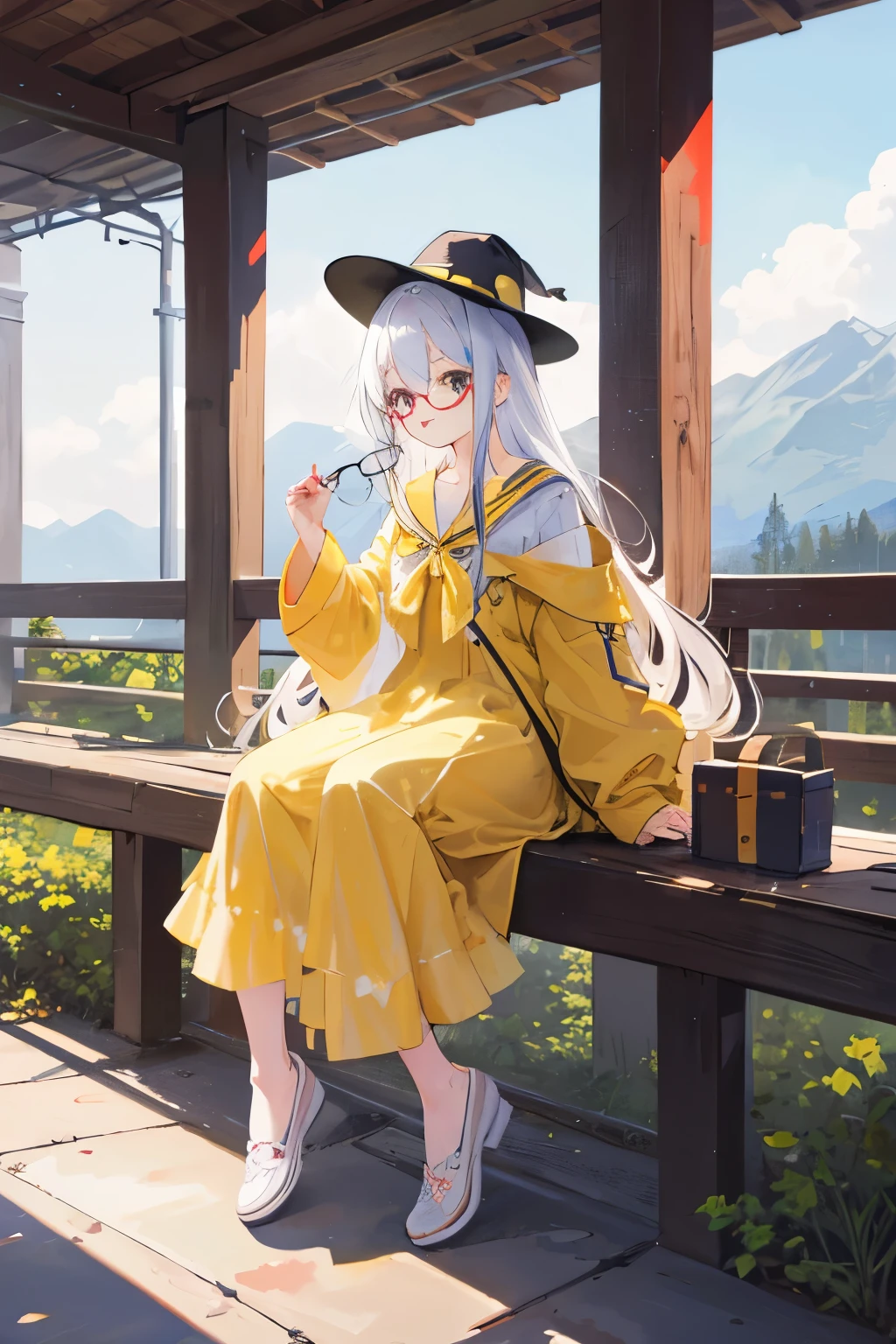 girl,wearing yellow,yellow black hat,university student,wear glasses,High school, etc,cute的脸,and white hair,red pupils,Beautiful scenery,dream,hapiness,full body picture,perfect face,best quality,detailed,masterpiece,long hair,Fashion,cute,perfect hands,Enhanced functionality,Character map