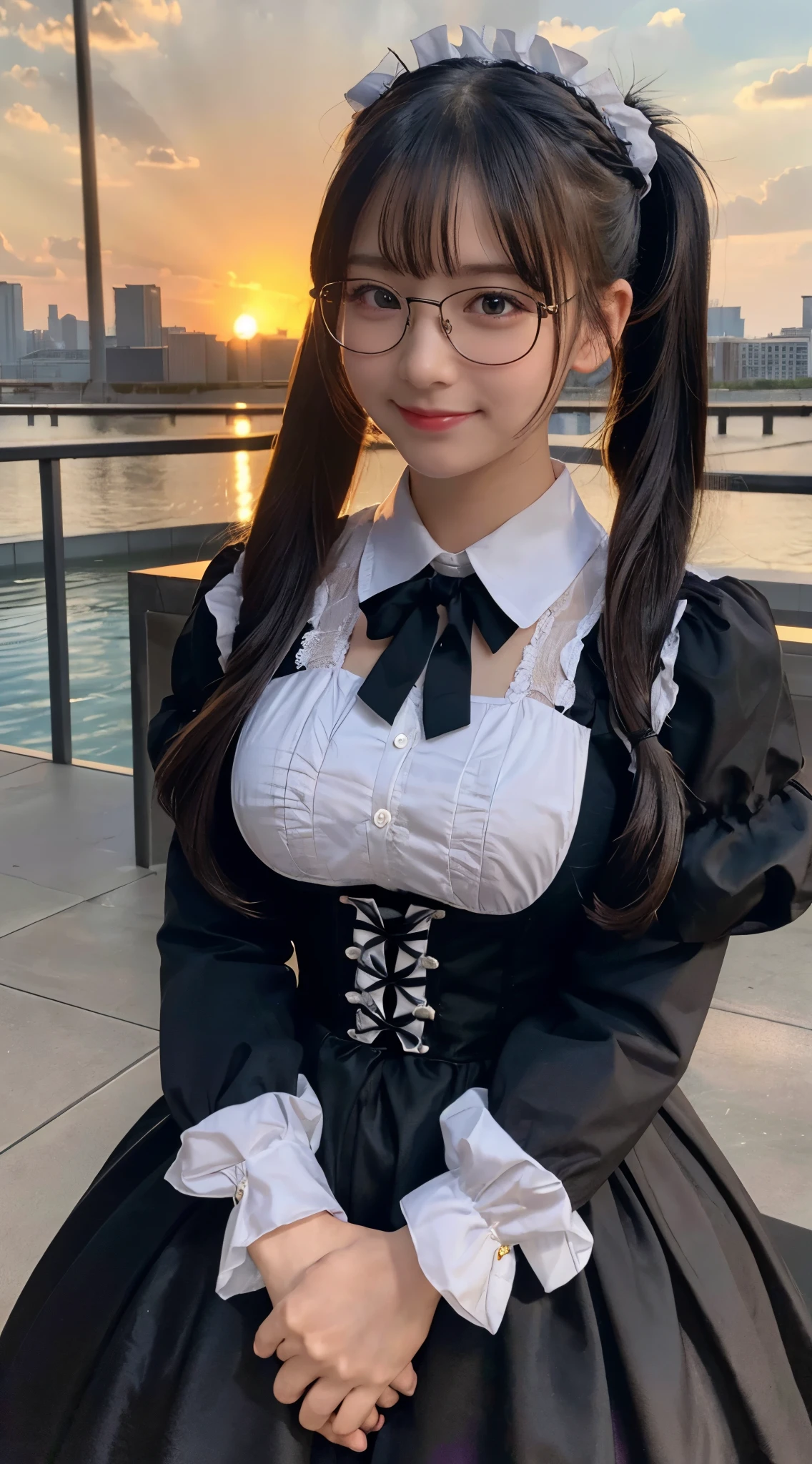 (highest quality,8K quality,masterpiece:1.3),(ultra high resolution,photorealistic:1.4,Live shooting),(Super detailed,caustics,detailed background),(ultra-realistic capture,Beautifully detailed skin,perfect anatomy),at dusk,sunset sky, ((Gothic ****ta, Maid clothes, twin tail hairstyle, black eye)), ,************,cute,single eyelid,black long hair,,Looking at the camera,へにょへにょしたsmile,whole body,Natural light、big breasts、black rimmed glasses、smile、