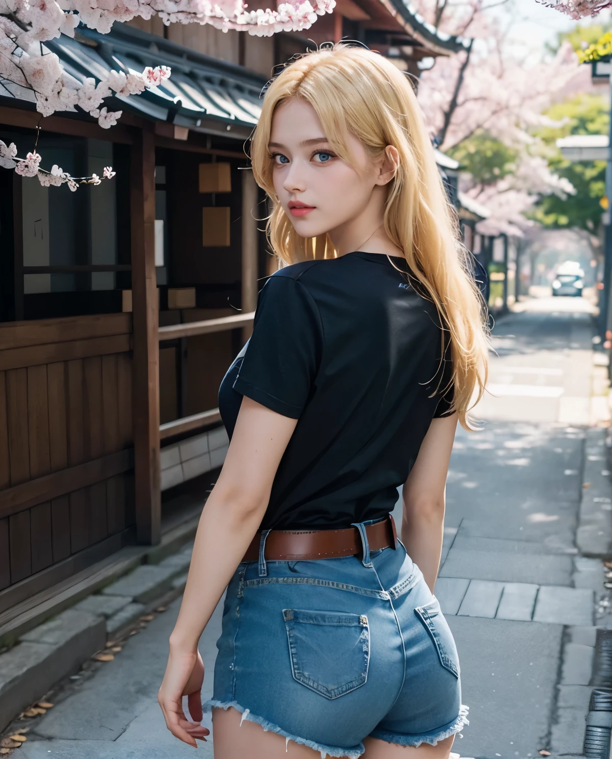 1girl, (Blue Eyes), (smiling :1.2), (Sana Minatozaki), wide hips, Big tits, big ass, (round ass :1.3), (Best Quality, 8k, Masterpiece: 1.3), Clear Focus: 1.2, Perfect Body Beauty: 1.4, strong abs, Highly detailed face and skin texture, detailed eyes, double eyelids, (blond long straight hair :1.1), (black sport top :1.2), (jeans), standing, dynamic pose, view from back .1.2, in an amusement park, roller coaster in the background