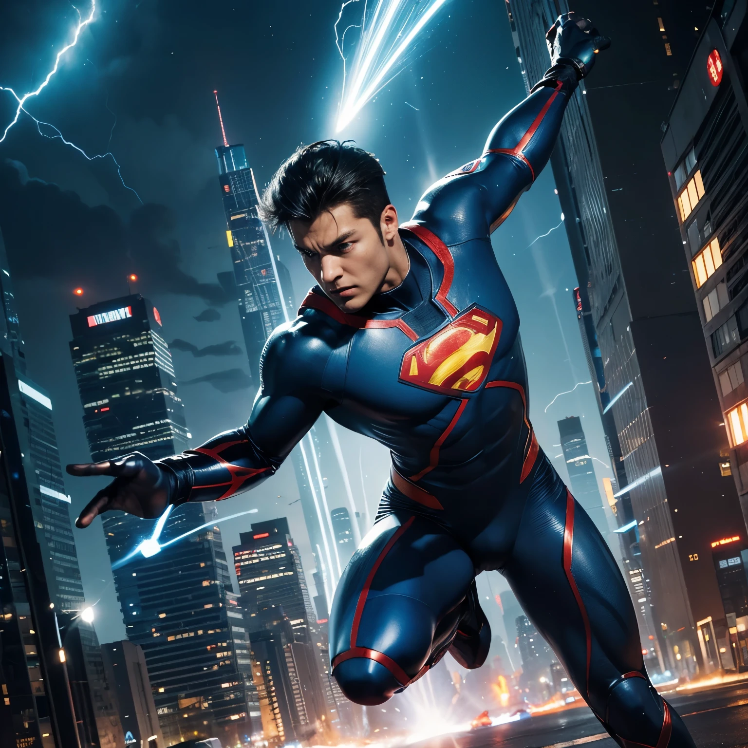 (highres,ultra-detailed),Super man fused with mega man,portraits,realistic,mixed character,sharp focus,colorful lighting,physically-based rendering,professional,superhero,armor,suit,futuristic city,glowing eyes,powerful pose,action-packed scene,vibrant colors,energy blasts,electricity sparks,metallic textures,shiny surfaces,dynamic composition,urban backdrop,high-tech gadgets,advanced technology,flying,super strength,heroic,brave,confident,protecting the city,captivating artwork.