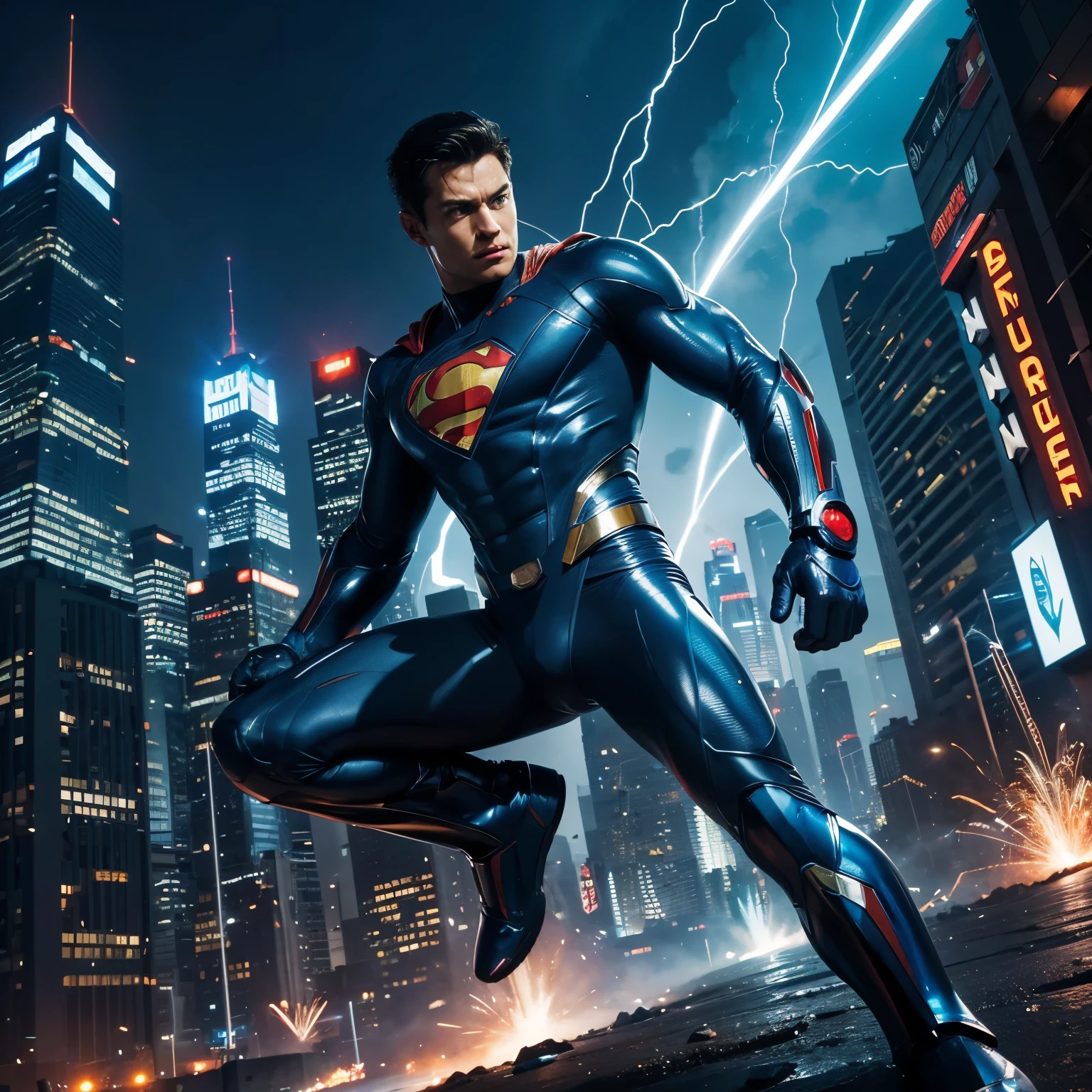 (highres,ultra-detailed),Super man fused with mega man,portraits,realistic,mixed character,sharp focus,colorful lighting,physically-based rendering,professional,superhero,armor,suit,futuristic city,glowing eyes,powerful pose,action-packed scene,vibrant colors,energy blasts,electricity sparks,metallic textures,shiny surfaces,dynamic composition,urban backdrop,high-tech gadgets,advanced technology,flying,super strength,heroic,brave,confident,protecting the city,captivating artwork.