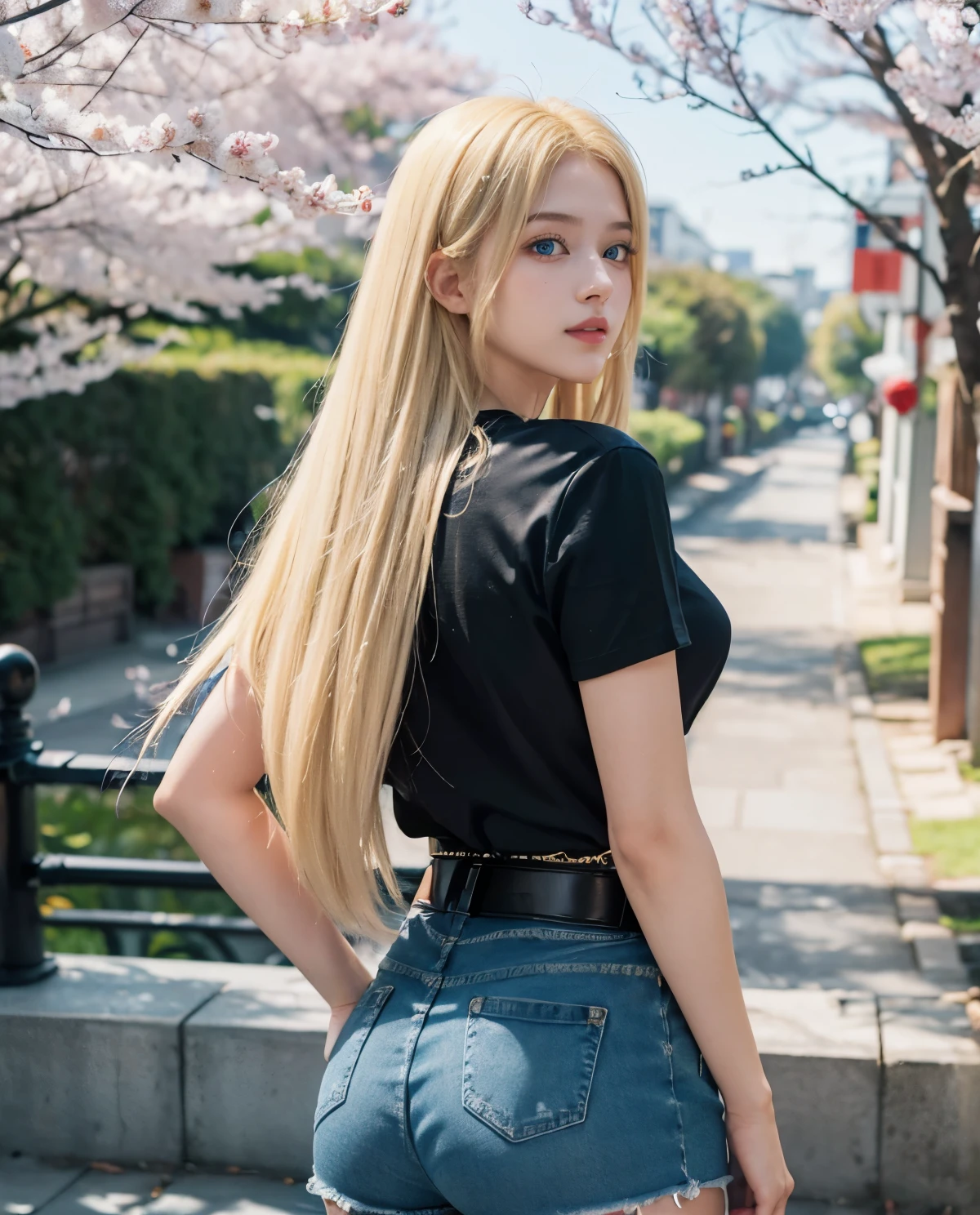 1girl, (Blue Eyes), smiling, (Sana Minatozaki), (black t-shirt :1.2), Big , big ass 1:3, round ass :1.3, (Best Quality, 8k, Masterpiece: 1.3), Clear Focus: 1.2, Perfect Body Beauty: 1.4, strong abs, Highly detailed face and skin texture, detailed eyes, double eyelids, (blonde long straight hair :1.3), (denim shorts), leather belt, standing, look back, view from back, view from below, in a Japanese square with sakura trees