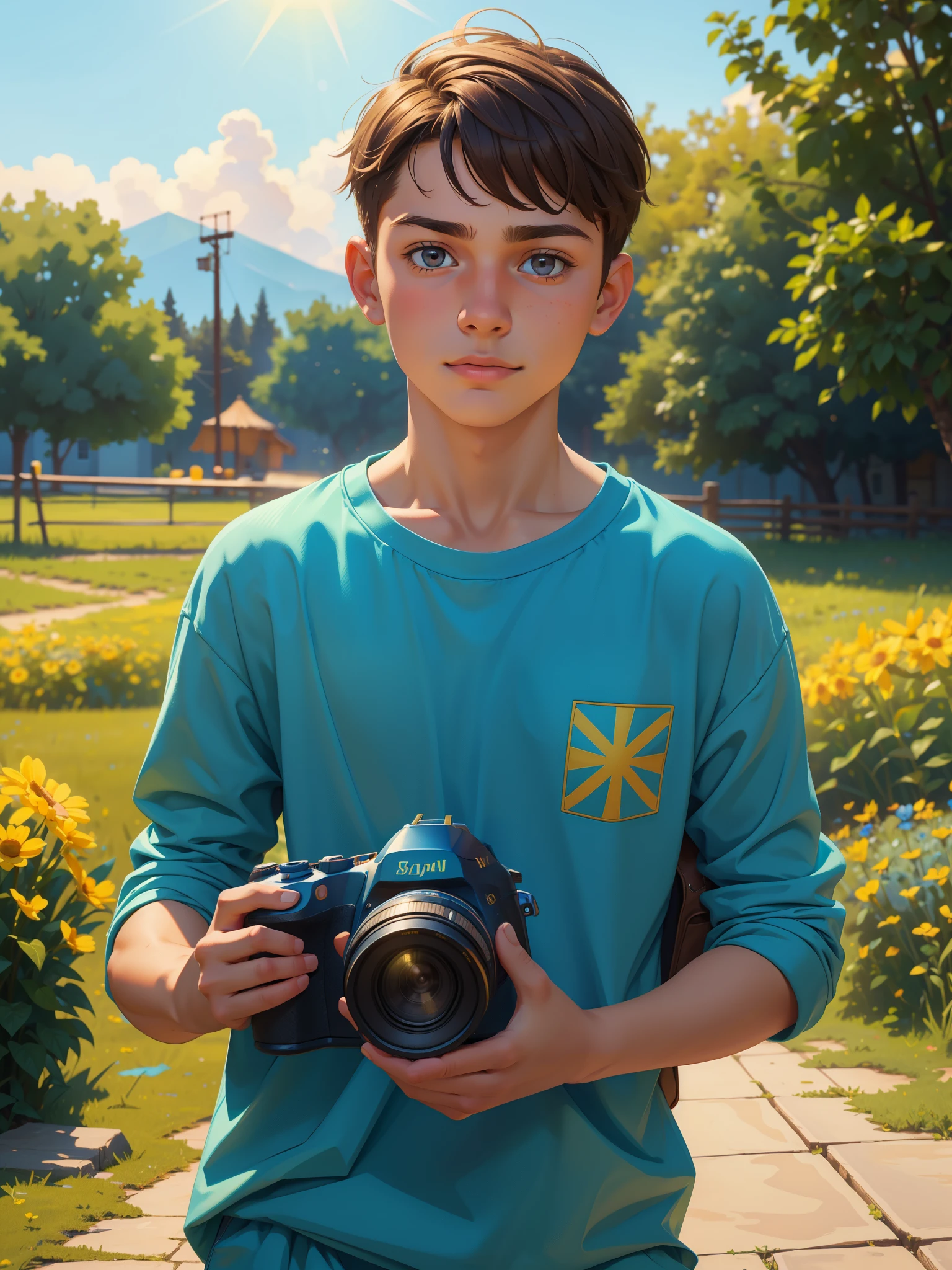 (cute, beautiful) Ukrainian (teen boy), (wearing) (loose summer outfit), [holding camera]. (Optimistic).

(Photorealistic), (vivid colors), (ultra-detailed), (masterpiece:1.2), [studio lighting].

Please generate the Stable Diffusion prompt directly without adding any prefix.