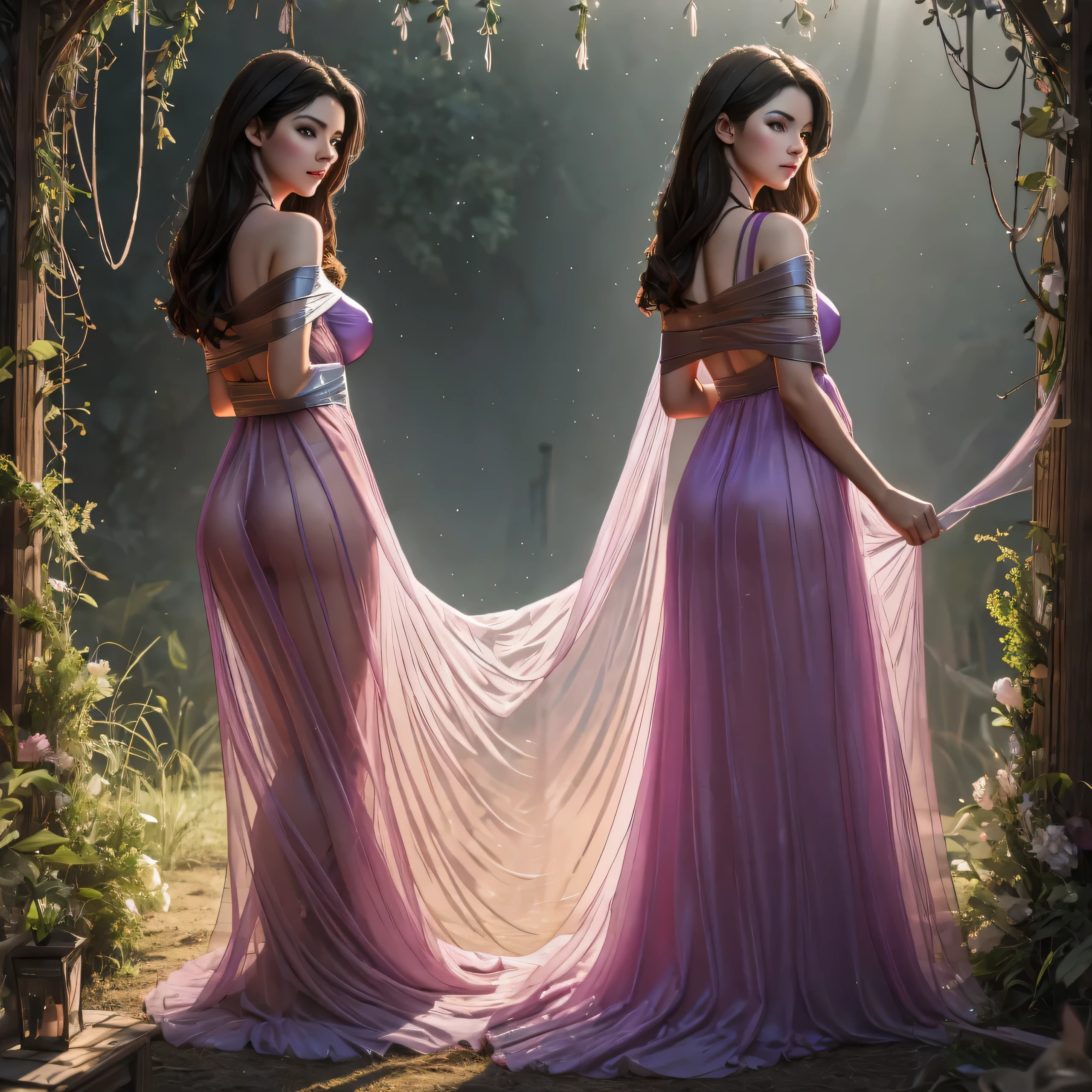 two girl , see her ass,(bright lighting,romantic setting),dreamy background,bondage,dark hair, mesmerizing gaze, , soft skin, alluring beauty, artistic portrait, high-quality image, vibrant colors,translucent long silk gown, mosquito net, see her feet