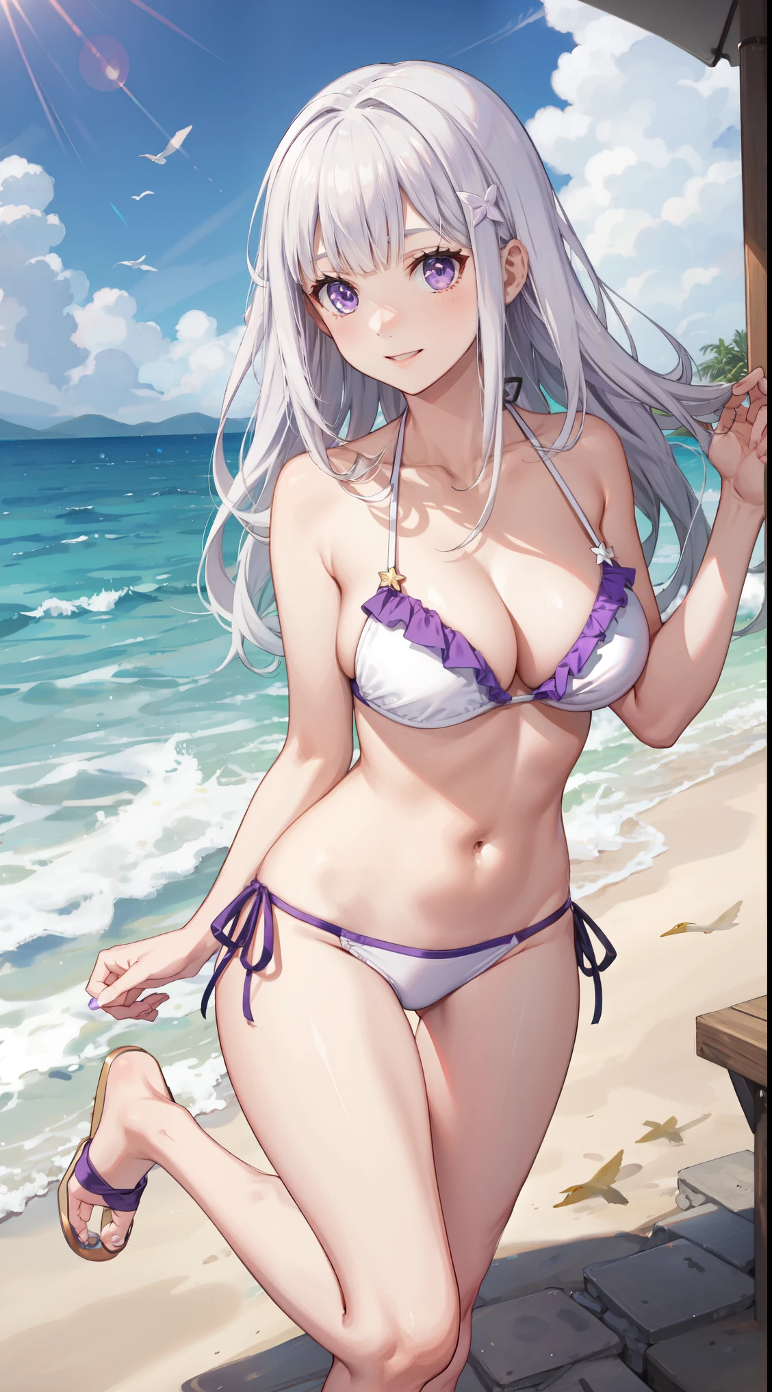 slim legs, cleavage, navel, purple eyes, emilia, stand, White hair, long hair, side tie bikini, beach, happy, short skirt 