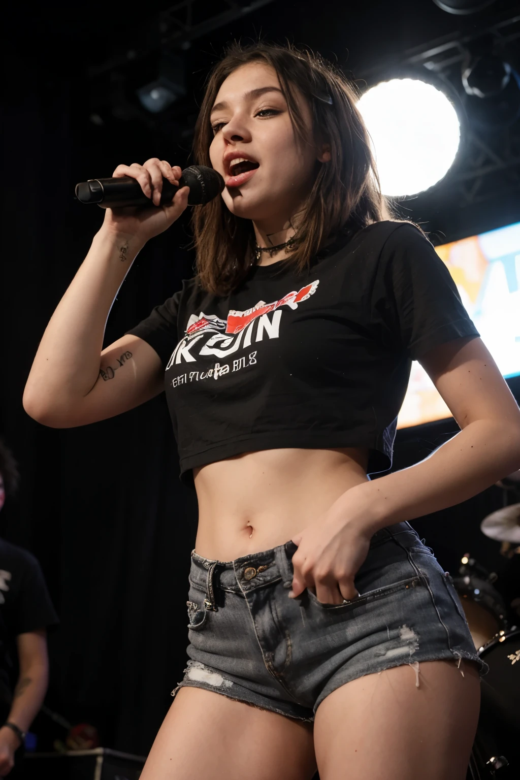 Young old punk girl singing on stage