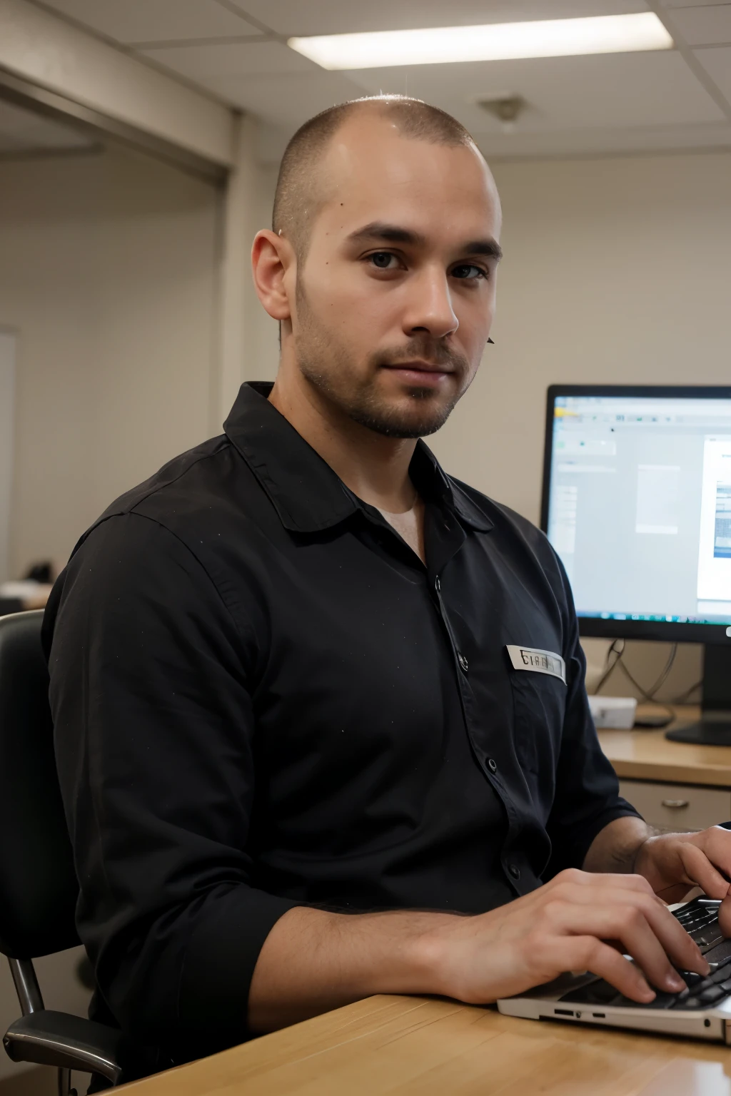 Create a realistic image of a 32-year-old male professional of brown skin color, bald, with a slightly chubby face, wearing the uniform of an information technology company. He should be depicted fixing a computer, holding a toolkit for an IT technician. The scene should be portrayed in a photorealistic style, emphasizing details such as facial expressions, technological equipment, and the work environment of an IT professional.


