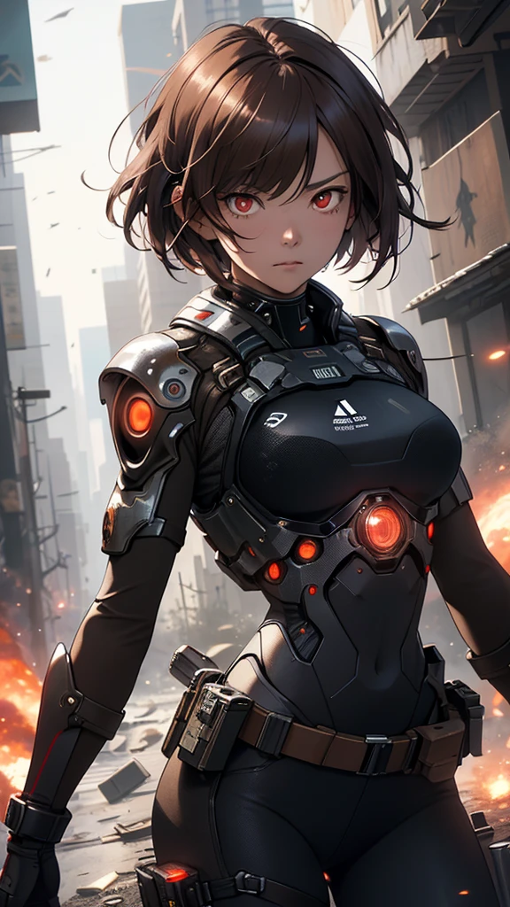 Super detailed, high resolution, super detailed, top quality, amazing, top quality, highly detailed CG Unity 8k wallpaper, cinematic lighting,...
On a battlefield where the survival of the human race is at stake, a woman in the near future, a woman with a light brown paper bob cut and red eyes in cyberpunk sportswear wields a railgun larger than she is tall and engages in a dynamic battle.
All around her are the remains of explosions, and the woman is bravely fighting alone. The camera is pulled back, the woman is staring at the enemy, her whole body is moved, and she looks as if she is about to move.