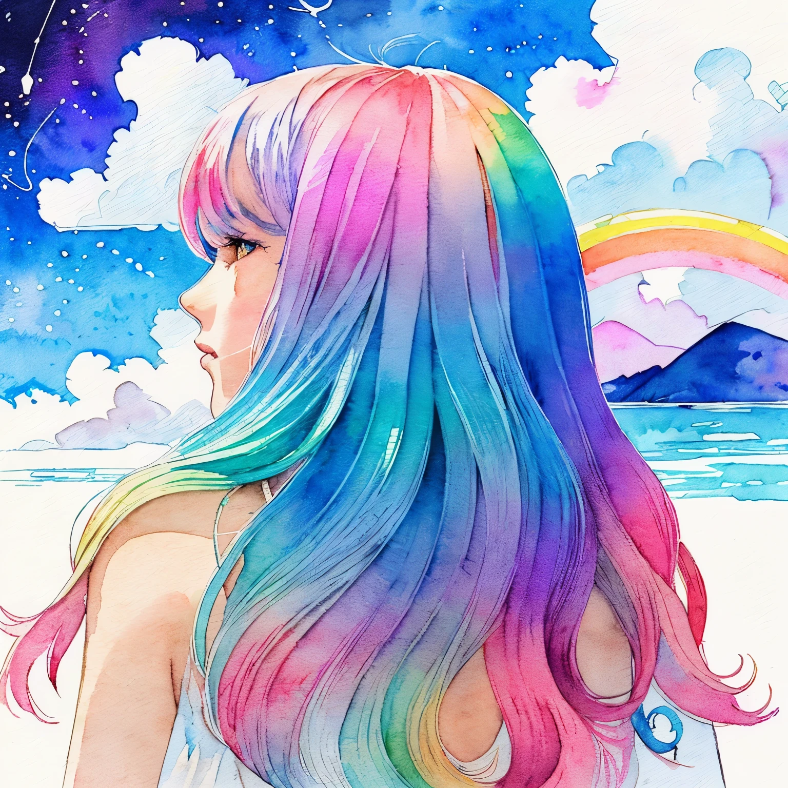 (masterpiece, highest quality, highest quality,watercolor (Moderate),official art, beautiful and aesthetic:1.2),(1 girl:1.3), (fractal art:1.3),Upper body, From the side, looking at the viewer,pattern,(rainbow colored hair,colorful hair,Half blue、half pink hair:1.2),water,liquid, cloud,colorful, starry sky,performer,