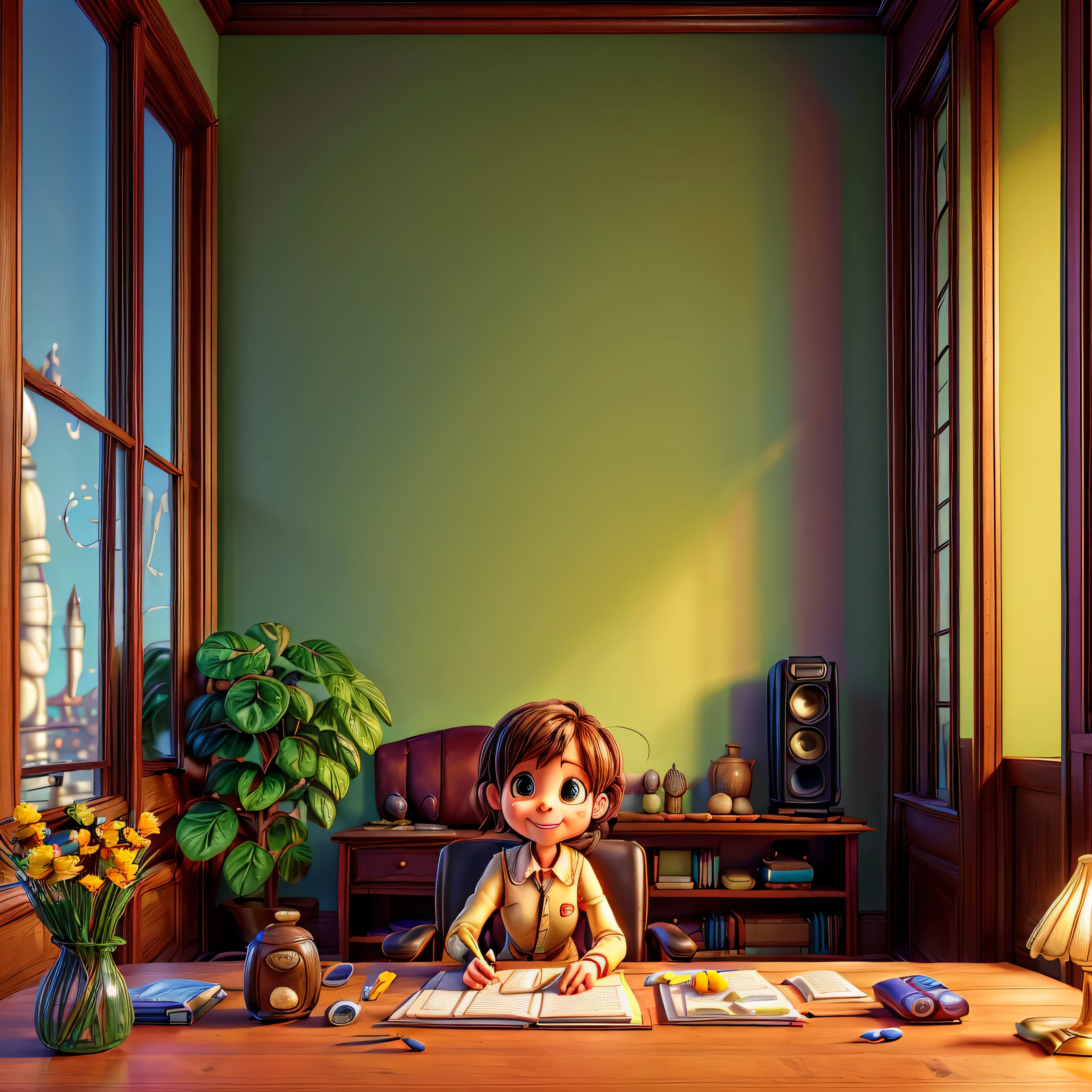 (epic Masterpiece, ultra highest quality, ulra highest resolution, ulra high-definition, distinct_image, very elaborate CG, cinematic lighting, ray tracing, drop shadows, detailed detail, (photorealistic: 1.4), ultra high quality textures, fine-grained, realistic face expression): (lone girl, face is Japan, brown short hair, small size breasts, sparkling eyes, Eye level shot, happy smile, beauty, slim body, holiday, own room, console game, computer, display, keyboard, mouse, long leather skirt, collared shirt, leather vest, handgun holder, carrying leather bag on your back, long boots, antique radio, coffee, model train, bookshelf, spacious yellowchair, Pots, fans, paintings, stuffed animals, ties, notebooks, stationery, vases, photo frames, letters, fountain pens, calendars, lamps, cushions, baskets, mirrors reflecting in profile, candles, telephone, fruit, newspapers, sweets, city Eiffel view outside the window frog) varied multi etc. --v6 --s1000 --c20 --q5 --chaos100