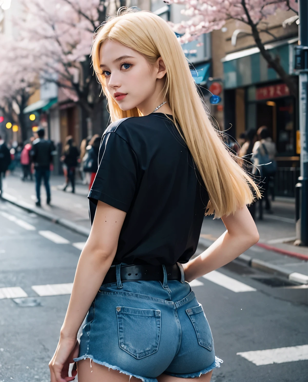 1girl, (Blue Eyes), smiling, (Sana Minatozaki), (black t-shirt :1.2), Big , big ass 1:3, round ass :1.3, (Best Quality, 8k, Masterpiece: 1.3), Clear Focus: 1.2, Perfect Body Beauty: 1.4, strong abs, Highly detailed face and skin texture, detailed eyes, double eyelids, (blonde long straight hair :1.3), (denim shorts), leather belt, standing, look back, view from back, showing the ass, in a Japanese square with sakura trees