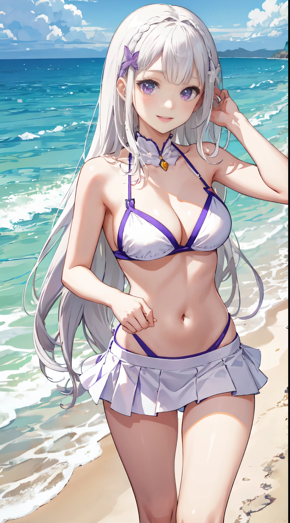 slim legs, cleavage, navel, purple eyes, emilia, stand, White hair, long hair, side tie bikini, beach, happy, short skirt