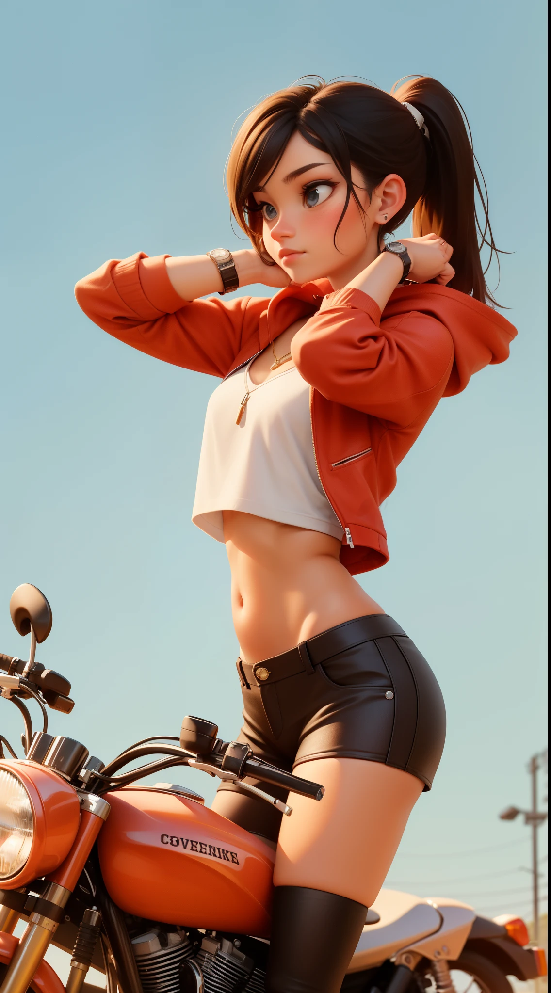 18 year old female, brown hair, blue eyes, ponytail, red hoodie, crop top, leather short shorts, gold necklace, wrist watch, riding a motorcycle, black white biker gloves, converse