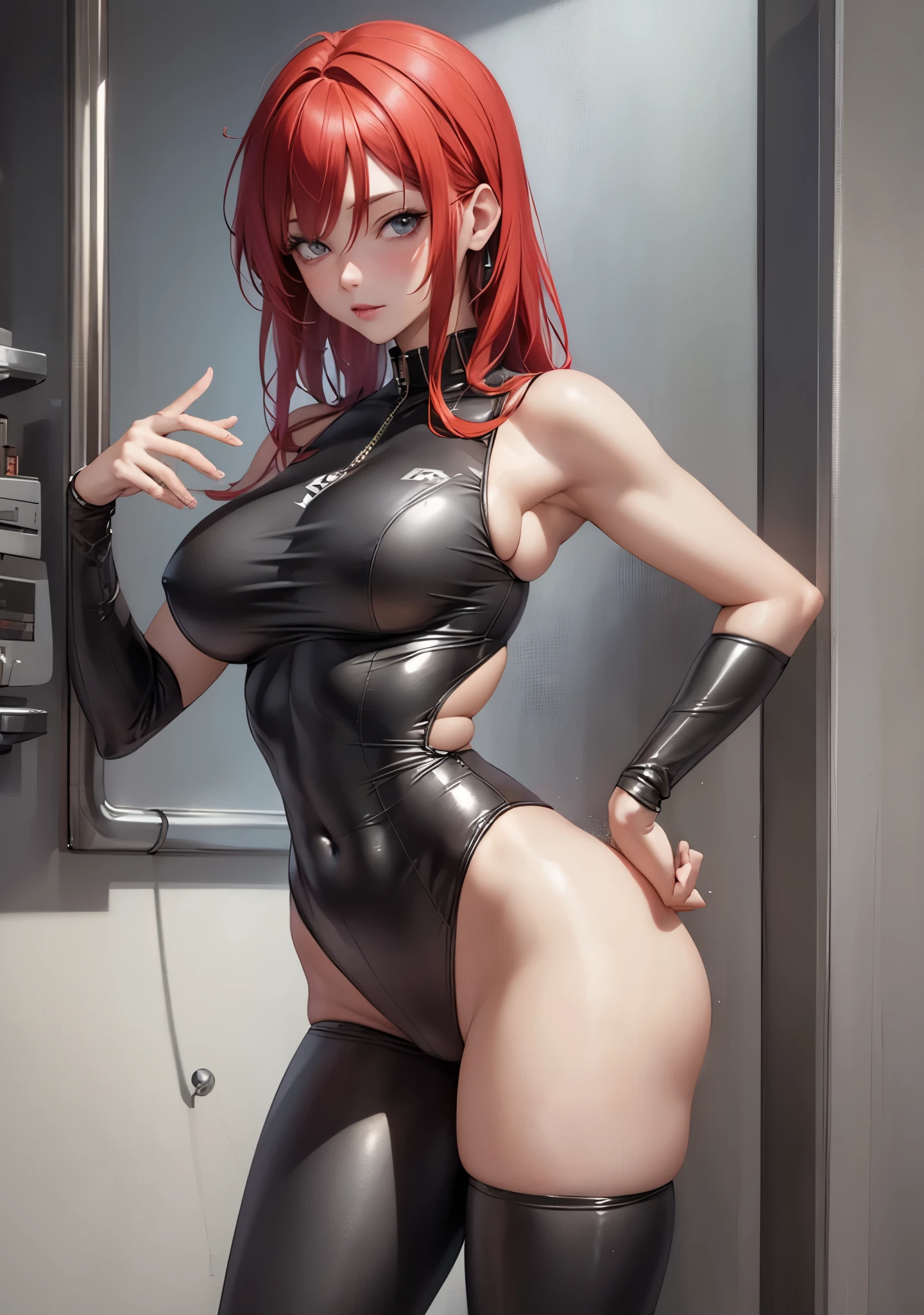 El personaje Makima de la serie de anime Chainsaw Man. high detail, wearing (tight shirt:1.2), beautiful detailed face, red hair, hazel eyes, (attractive fitness woman:1.3), (seductive:1.1), (blushing:1.1), hourglass body shape, complete shiny aerobic black and red latex bodysuit, big round breasts