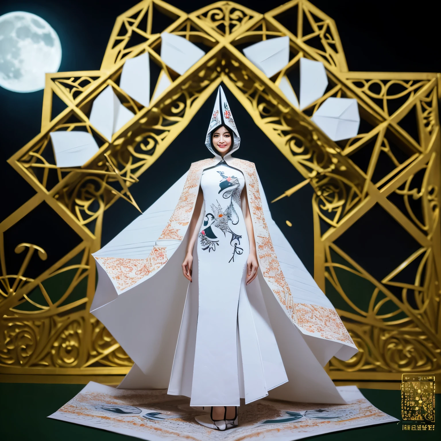 (tarot cards:1.5),(graphic illustration:1.4, paper art, Quilted paper art, geometry),Rotational symmetry, (full body shot:1.4), (change , moon, Hello, exquisite headdress, smile), white background, (chinese colors, senior color matching), ( Bokeh, out of focus, soft lighting, movie lighting, Godley, Hmm)