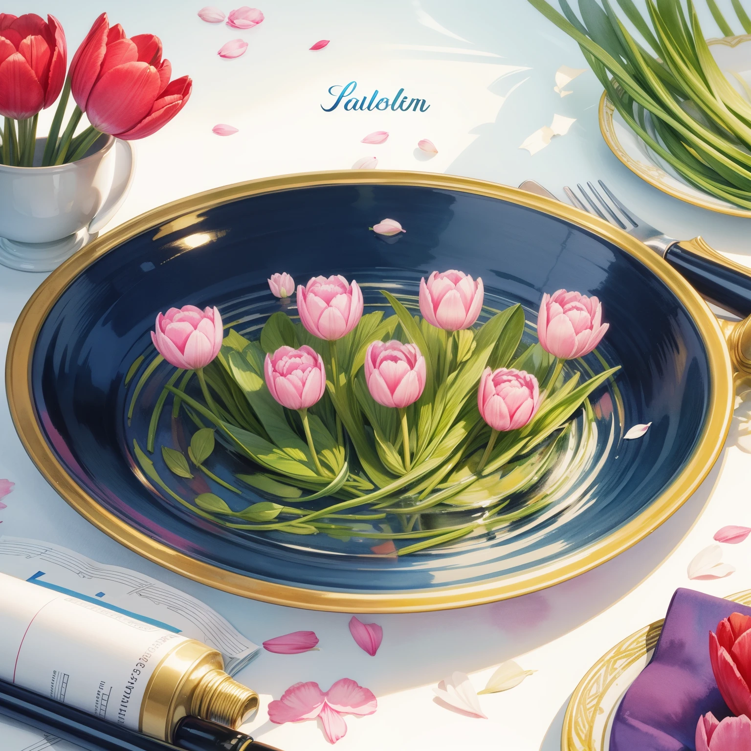 Watercolor pattern of beautiful tulips flowers, bows, Leaves, Calm colors in #f8faf9 color background. Watercolor paper texture.