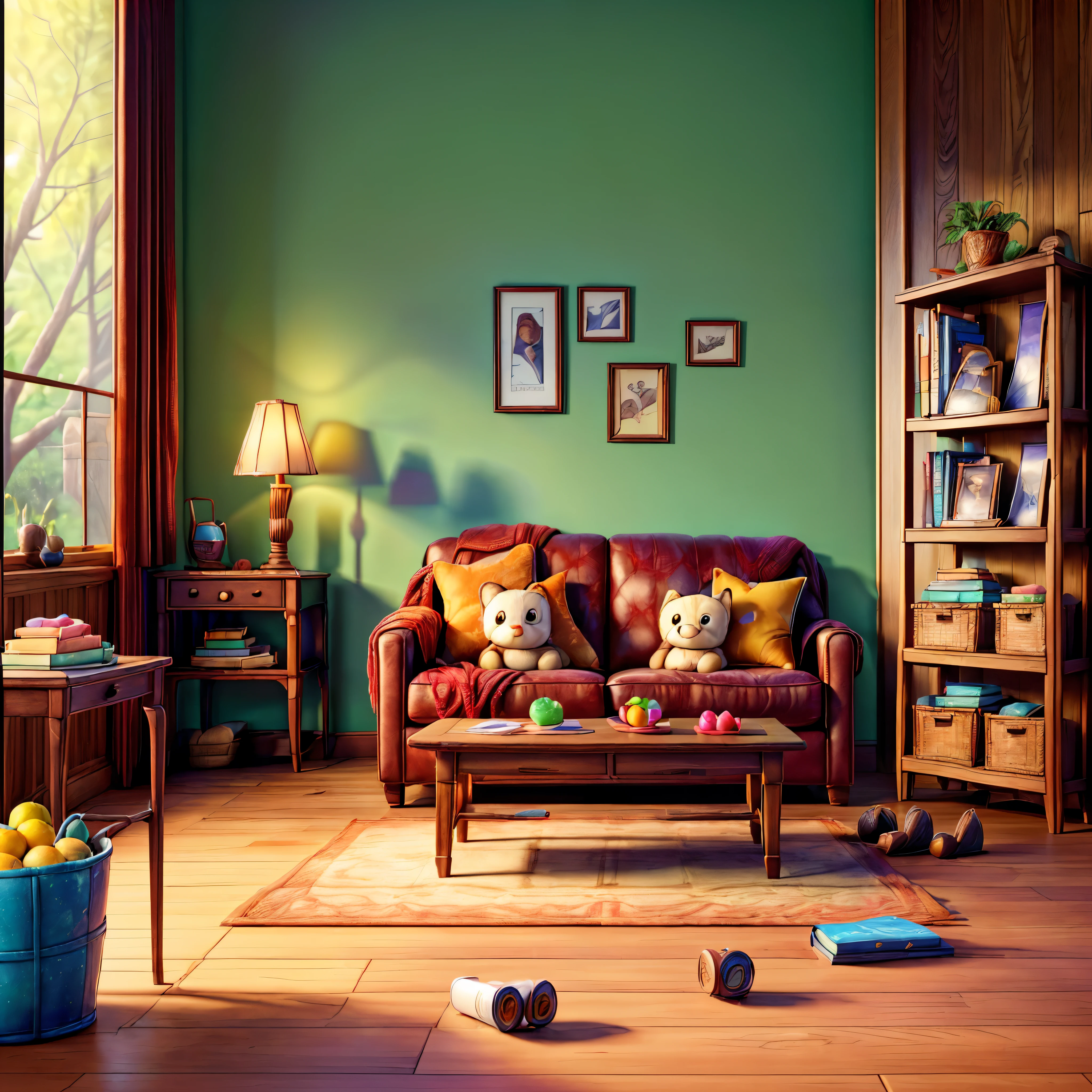 (epic Masterpiece, ultra highest quality, ulra highest resolution, ulra high-definition, distinct_image, very elaborate CG, cinematic lighting, ray tracing, drop shadows, detailed detail, (photorealistic: 1.4), ultra high quality textures, fine-grained, realistic face expression): (lone girl, face is Japan, brown short hair, small size breasts, sparkling eyes, Eye level shot, happy smile, beauty, slim body, holiday, own room, console game, computer, display, keyboard, mouse, long leather skirt, collared shirt, leather vest, handgun holder, carrying leather bag on your back, long boots, antique radio, coffee, model train, bookshelf, spacious yellowchair, Pots, fans, paintings, stuffed animals, ties, notebooks, stationery, vases, photo frames, letters, fountain pens, calendars, lamps, cushions, baskets, mirrors reflecting in profile, candles, telephone, fruit, newspapers, sweets, city Eiffel view outside the window frog) varied multi etc. --v6 --s1000 --c20 --q5 --chaos100