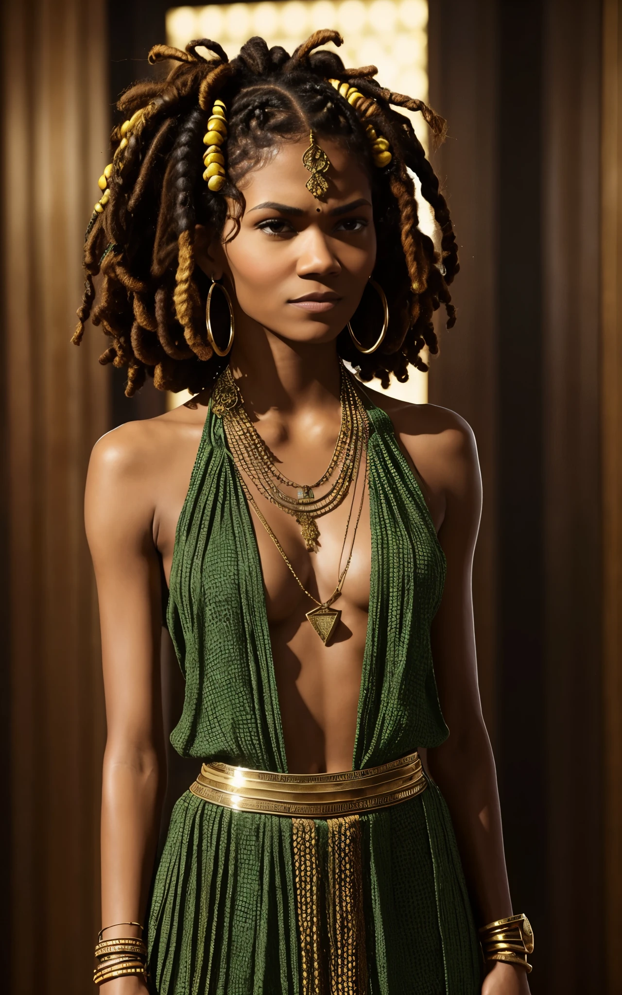 (Zendaya:Halle Berry) dressed like a nigerian chaman, red green and yellow sleeveless tunic, (high top fade haircut and dreads) tribal tattoo in the face, (golden rings necklace), Lovecraft atmosphere, masterpiece, hyperdetailed