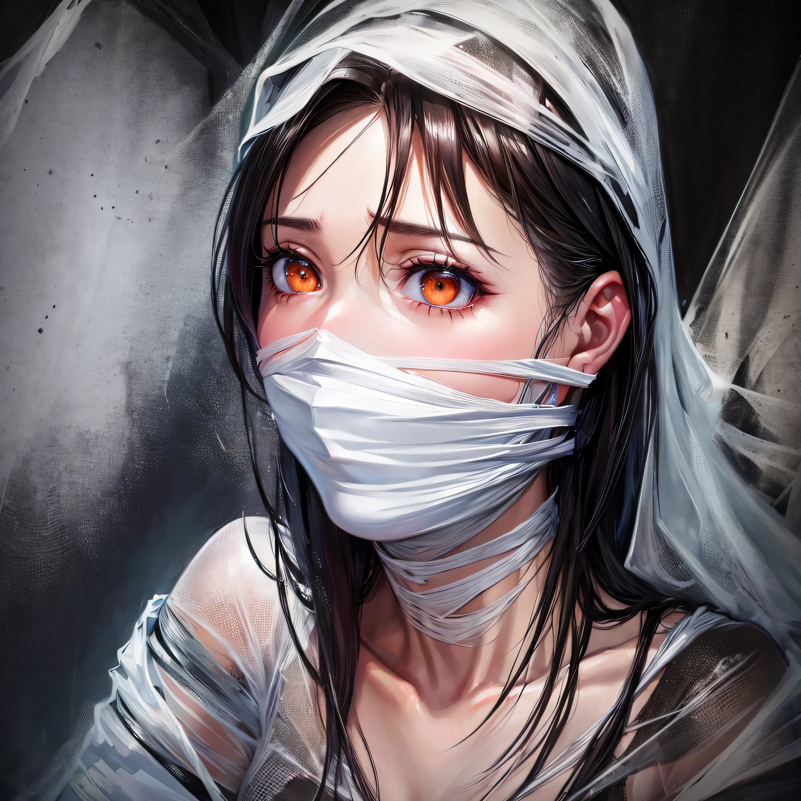 ing from the ceiling, dim lighting, dark atmosphere, oil painting style, vibrant colors, intense emotion. (best quality, highres, ultra-detailed, realistic:1.2), spiderweb, trapped, delicate facial features, fear in her eyes. half body visible,(gagged:1.4),