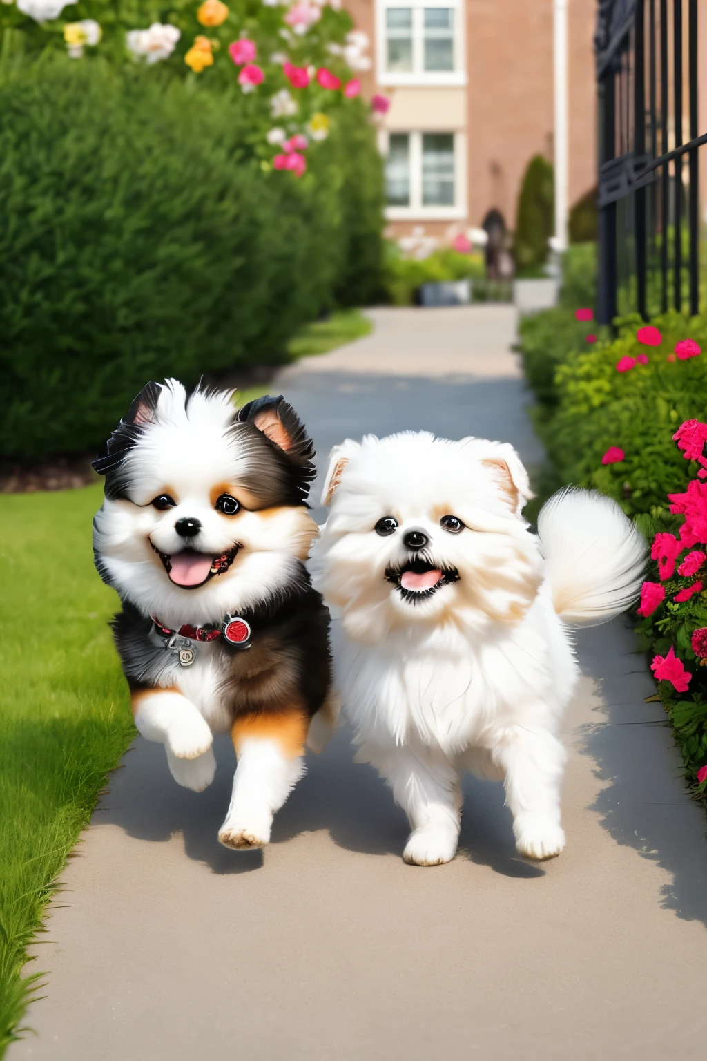 A captivating photorealistic image of three jubilant dogs: a fluffy, cute white Mini Pomeranian leading the way, a companion fluffy tan Pomeranian following closely behind, and a charming fluffy mix of white and brown Shih Tzu, bounding forward with the greatest enthusiasm. Their radiant smiles light up their faces as they harmoniously converge towards the viewer, showcasing their unique sizes and irresistible charm. The image is set against a slightly blurred background of a sidewalk, infusing a sense of depth and spontaneity to this delightful canine tableau.