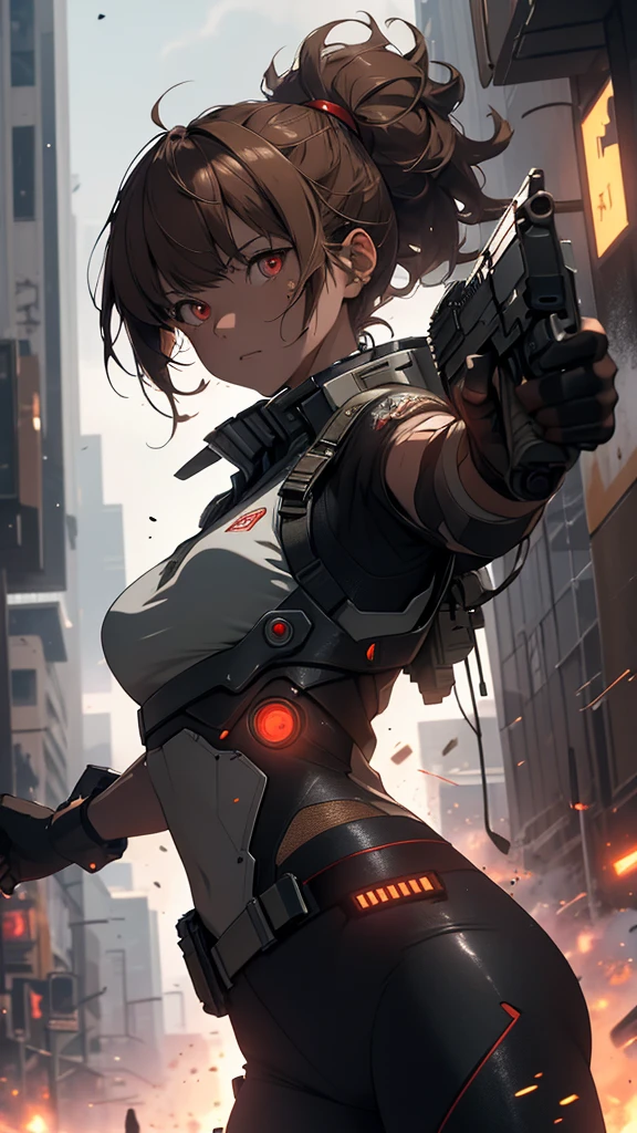Super detailed, high resolution, super detailed, top quality, amazing, top quality, highly detailed CG Unity 8k wallpaper, cinematic lighting,...
On a battlefield where the survival of the human race is at stake, a woman in the near future with a light brown paper bob cut and red eyes dressed in cyberpunk sportswear is engaged in a dynamic battle, firing a railgun larger than she is tall.
All around her are the remains of explosions, and the woman is bravely fighting alone. The camera is at a pulling angle, the woman is staring at the enemy, the whole body is moving, the scene is dynamic and powerful, depicting the woman as if she were about to move at any moment,