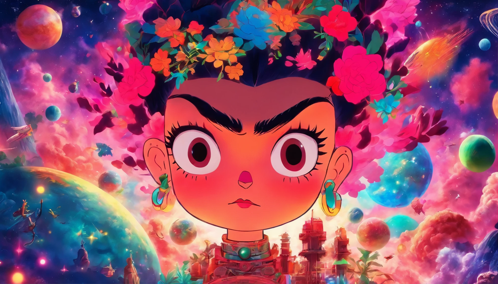 Detalhes do HD, Frida Kahlo in space, planetas em segundo plano, psychedelic cosmic horror, Psychedelic illustrations, cosmic space, plantas crescendo, O mundo da psicose, background space graphic art, cosmic illustration, cosmic space, LSD cosmic poster art, dmt space behind, cena espacial, surreal space, cosmic style. Proportion of 35 x 10 centimeters.