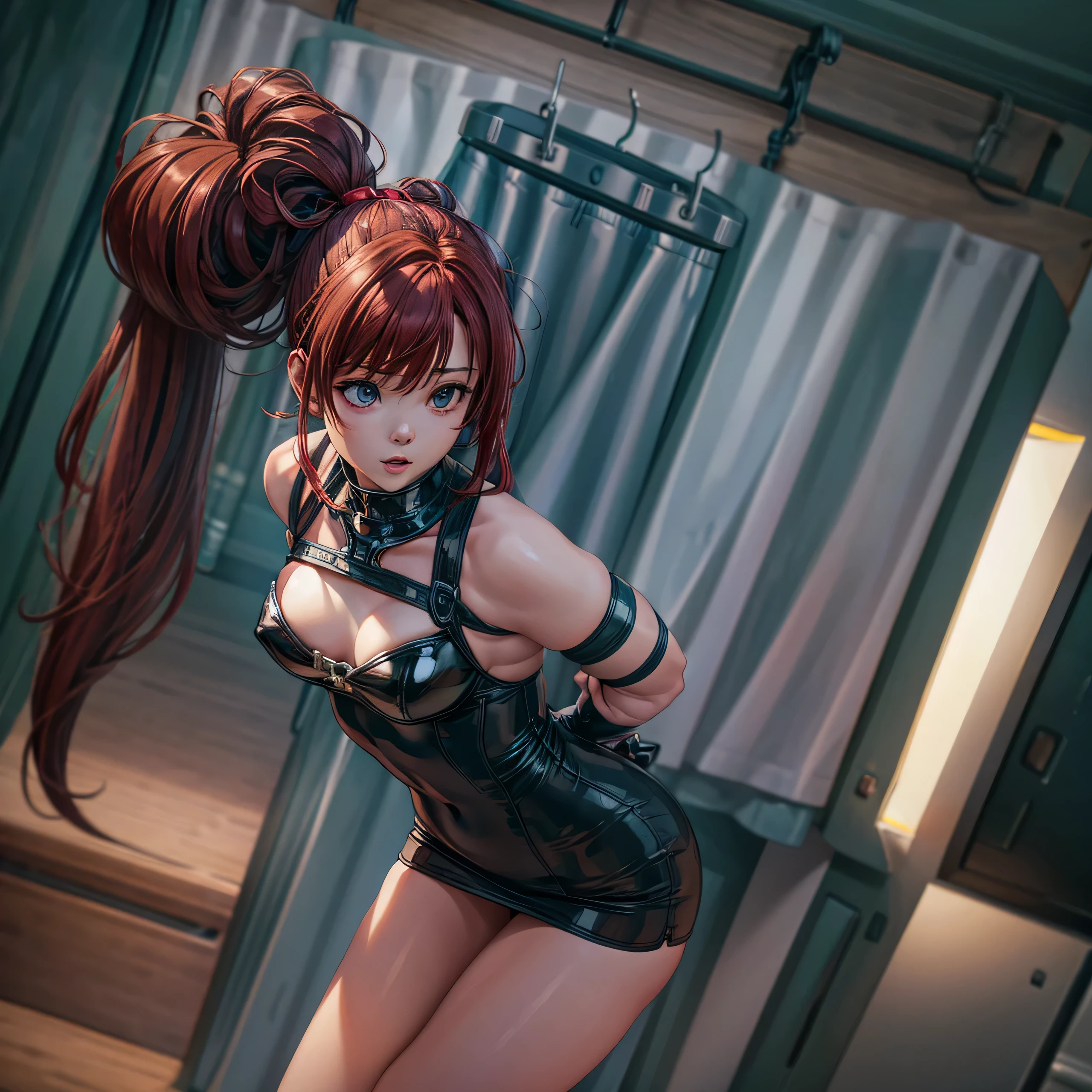 (RAW Photo, Best Quality), (Realistic, Photo Realistic: 1.3), Best Quality, Highly Detailed, Masterpiece, Hyperdetail, Illustration, 1 Girl, upper_body, Dynamic Angle, World Masterpiece Theater, Ore no Imoto ga konna ni kawaii wake ga nai, 25-yers-old girl with crimson red hair- pulled up into twin ponytails, wearing a latex mini dress with the city lights in the background sexy pose, standing, , Best Quality, Extremely Detailed CG Unified 8k Wallpaper, Ink, Amazing, Cinematic Lighting, lens flare, sexy pose,sidesuspension, bondage (ballgag:1.2)