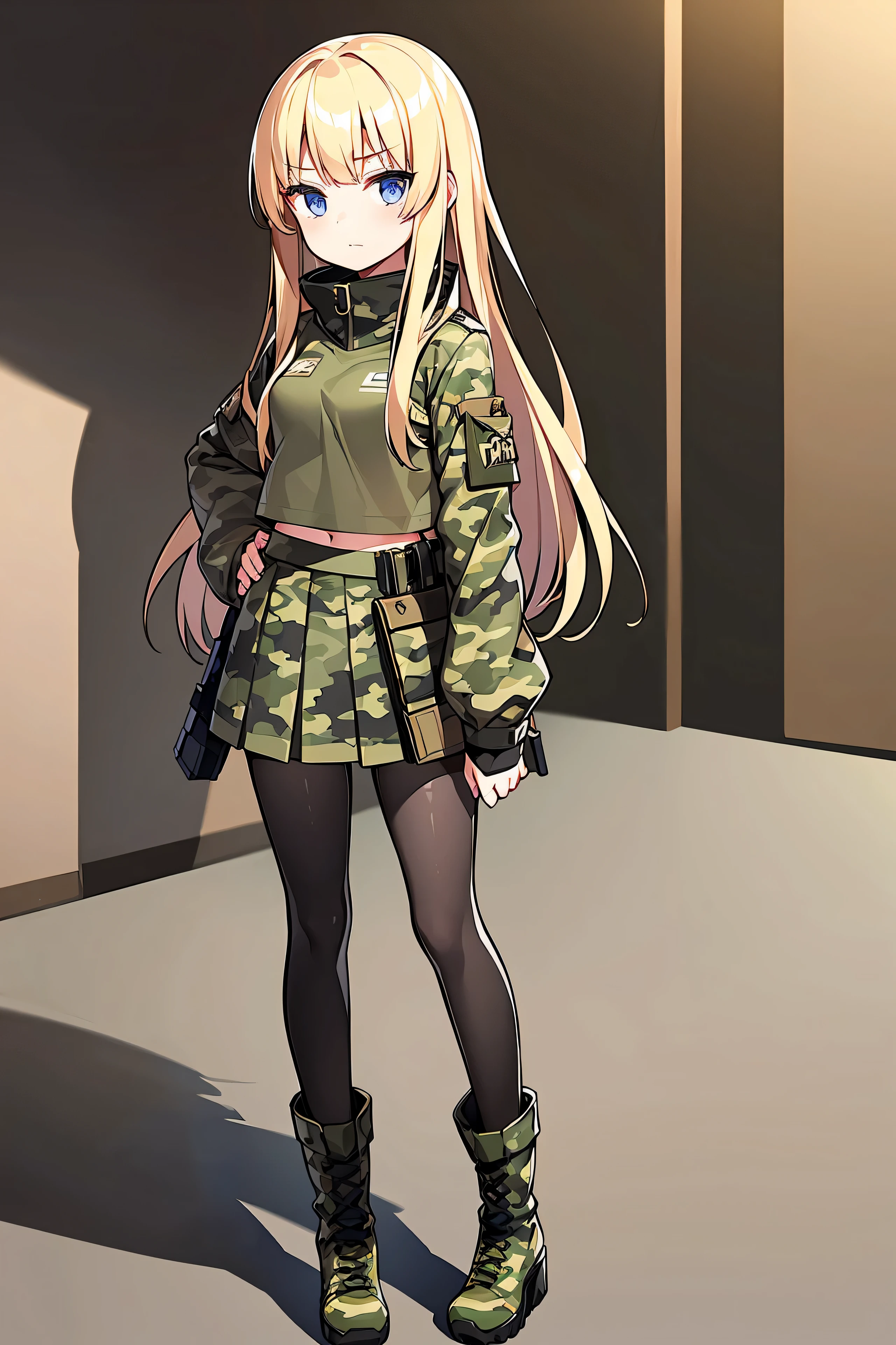 14-year-old girl wearing camouflage uniform. Wearing a skirt, tights and wedge heel boots. Exposed belly button. Standing. Looking at viewer. Blonde, long hair.