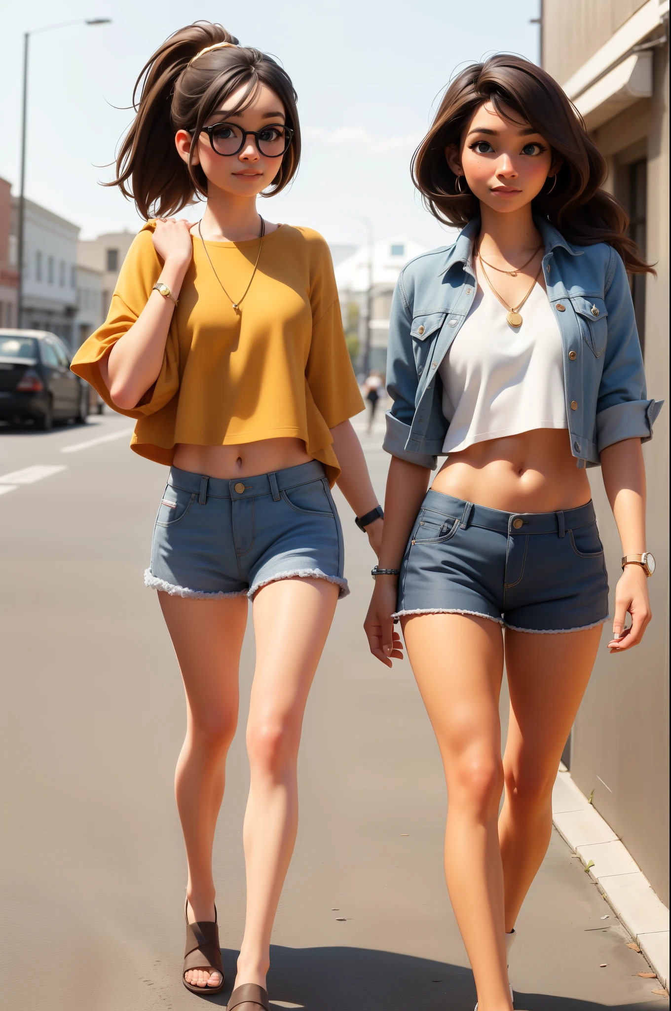 sexy young girl, with good body, dark brown hair, Brown eyes, black shirt, blue jeans, white tennis shoes, walking