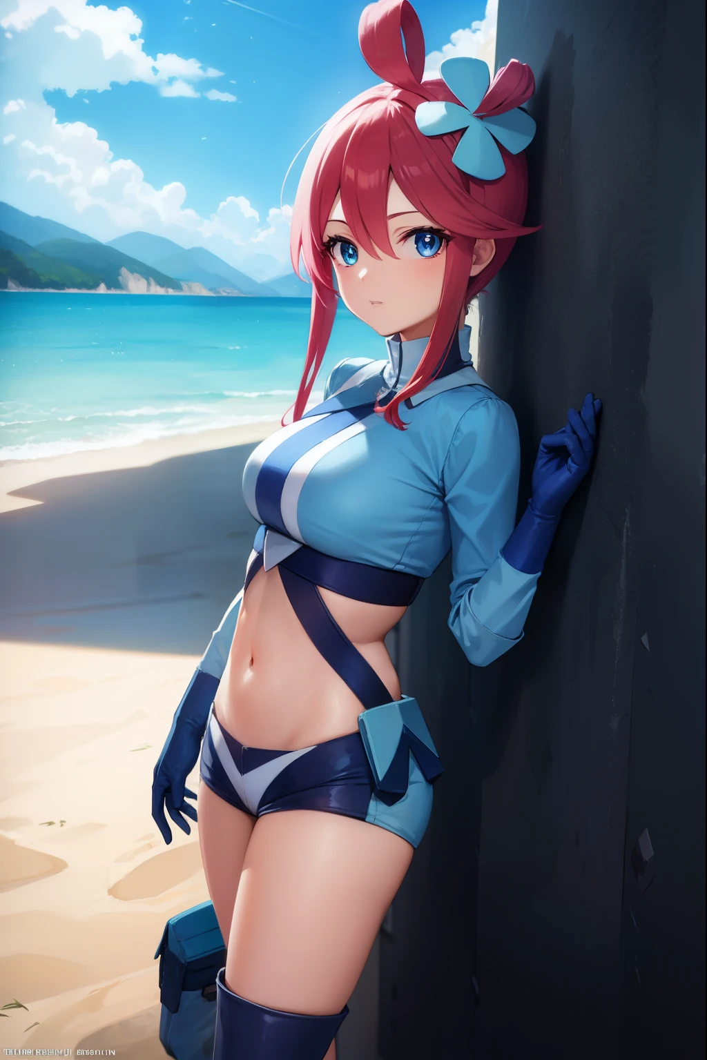 pokemonskyla, pokemonskyla, blue eyes, hair ornament, one side up, red hair, short hair with long locks, sidelocks,
BREAK blue footwear, blue gloves, blue jacket, blue shorts, boots, crop top, cropped jacket, gloves, jacket, midriff, navel, short shorts, shorts, thigh pouch,
BREAK looking at viewer, upper body, full body,
BREAK outdoors, city, sky, sun,
BREAK (masterpiece:1.2), best quality, high resolution, unity 8k wallpaper, (illustration:0.8), (beautiful detailed eyes:1.6), extremely detailed face, perfect lighting, extremely detailed CG, (perfect hands, perfect anatomy),